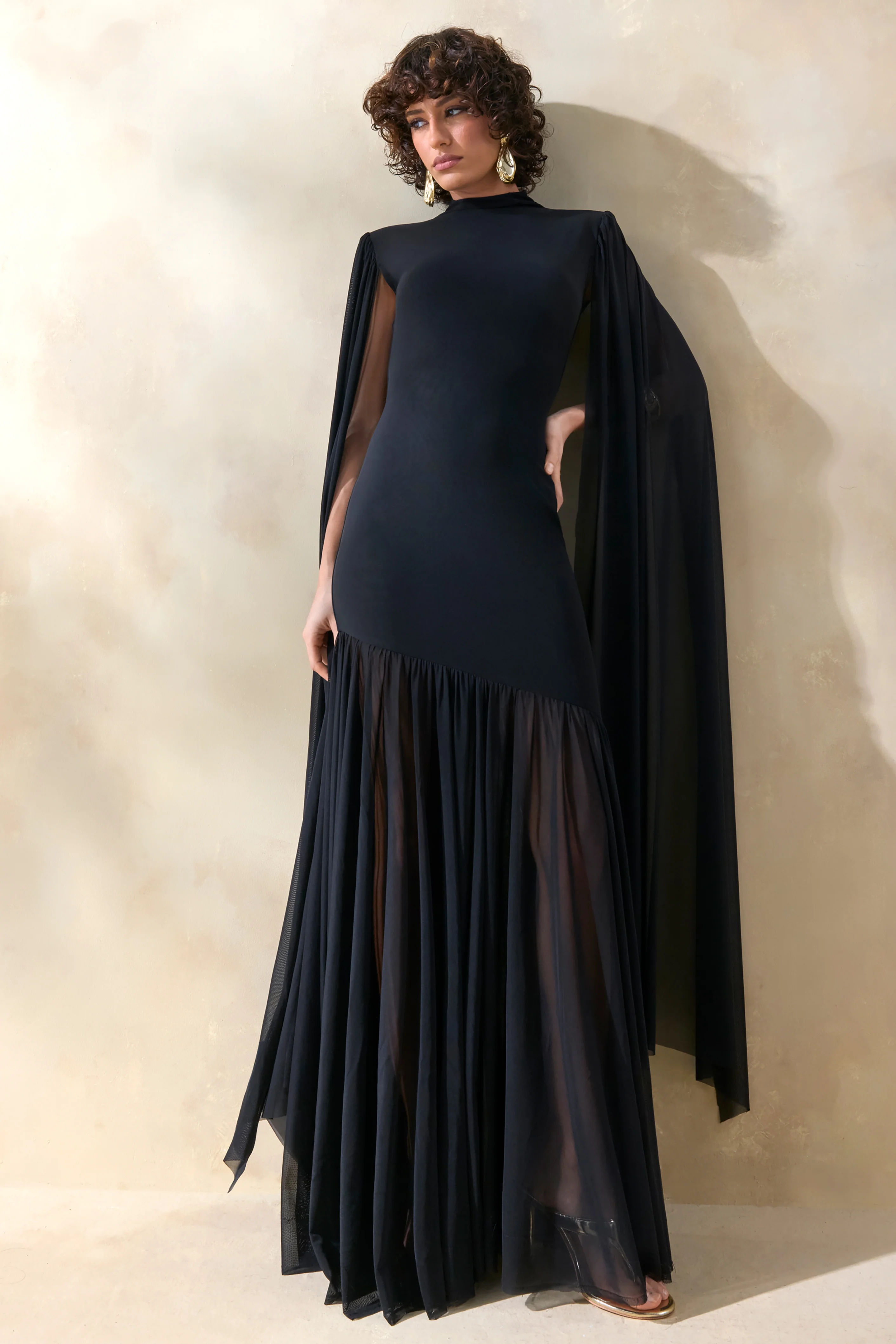 Chantelle | Black High-Neck Maxi Dress With Drop-Waist And Cape-Sleeves - Image 4