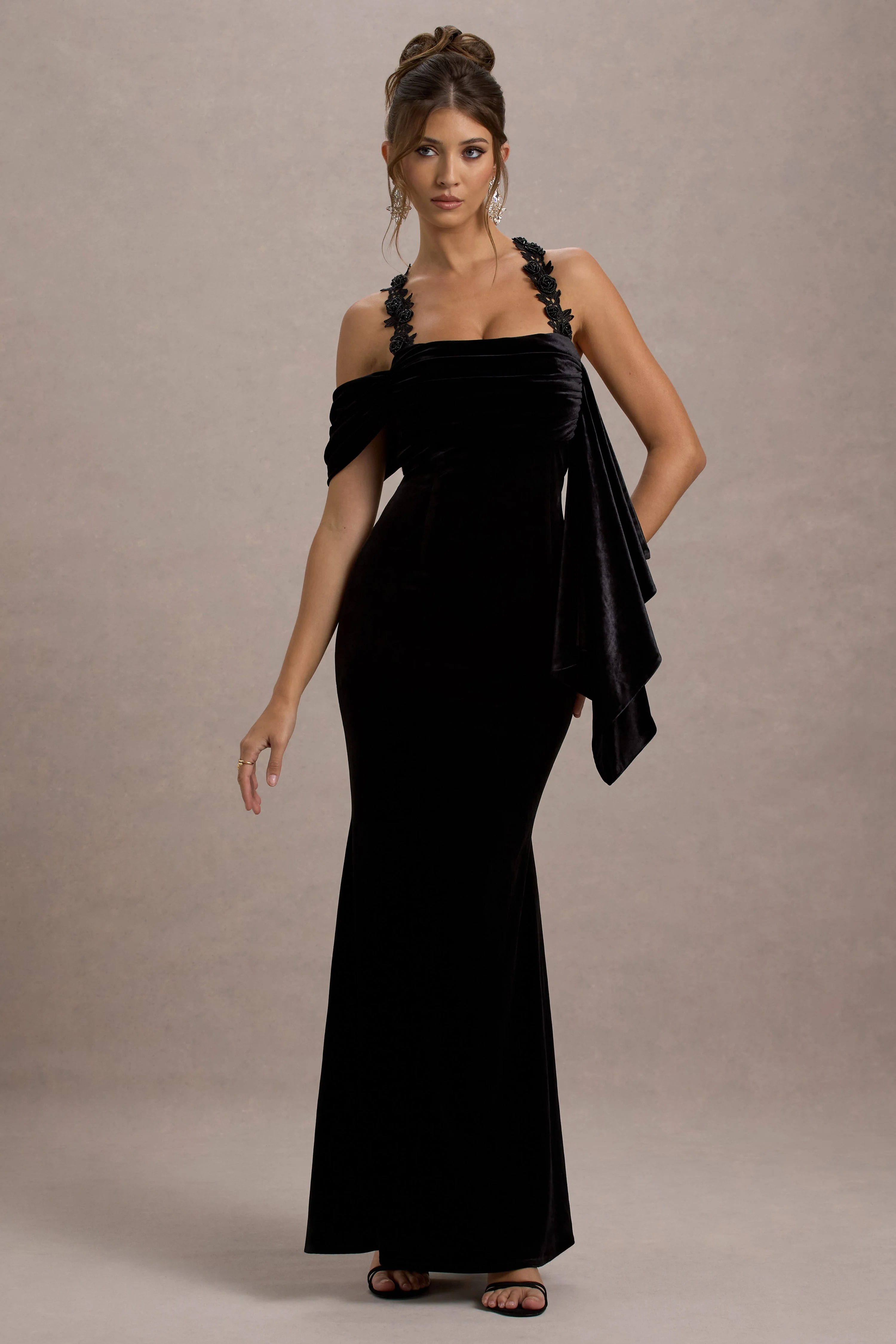 Charlize | Black Velvet Halter-Neck Draped Maxi Dress - Image 7