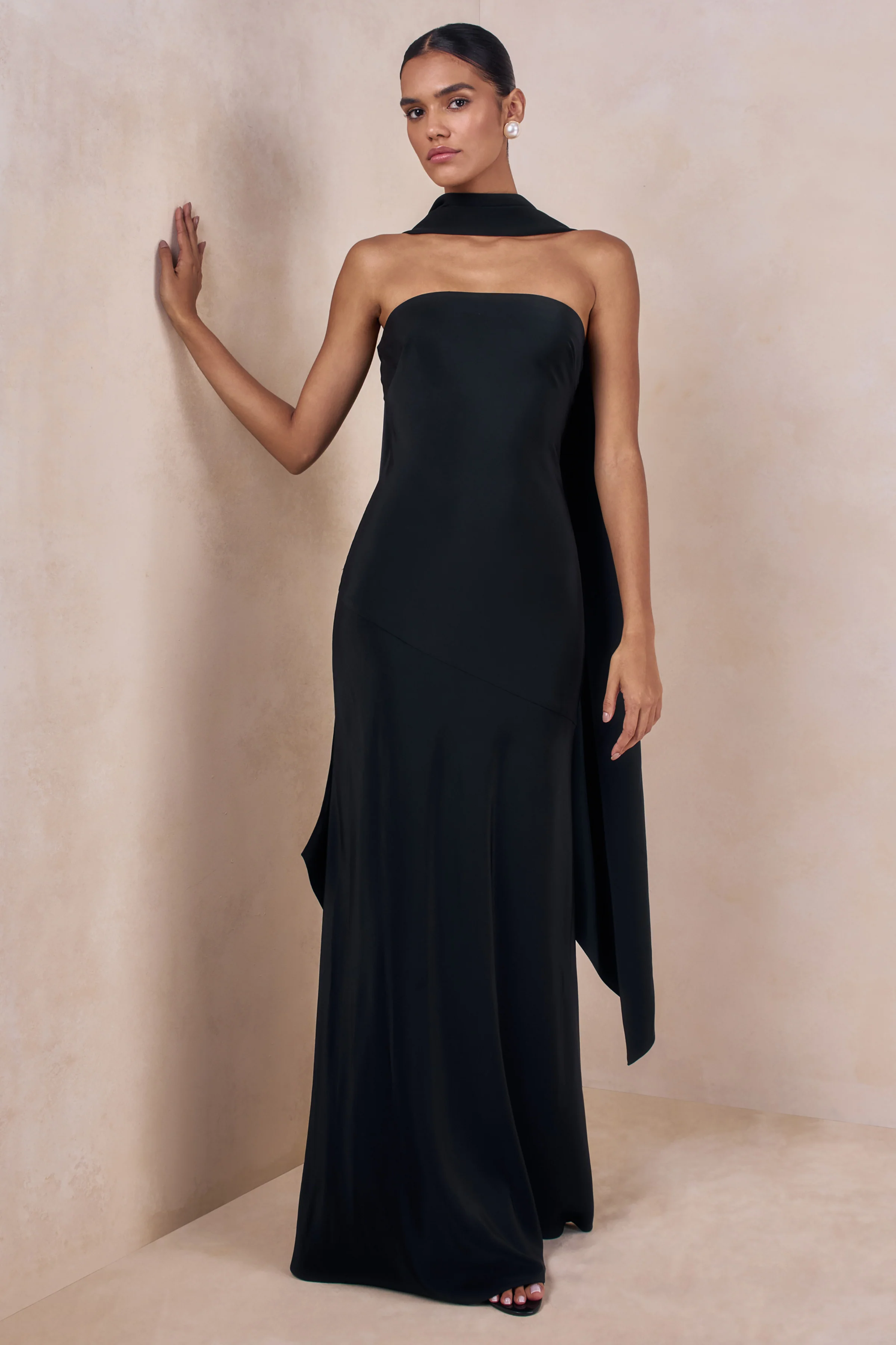 Charly | Black Matte Satin Bandeau Maxi Dress With Scarf-Detail - Image 2