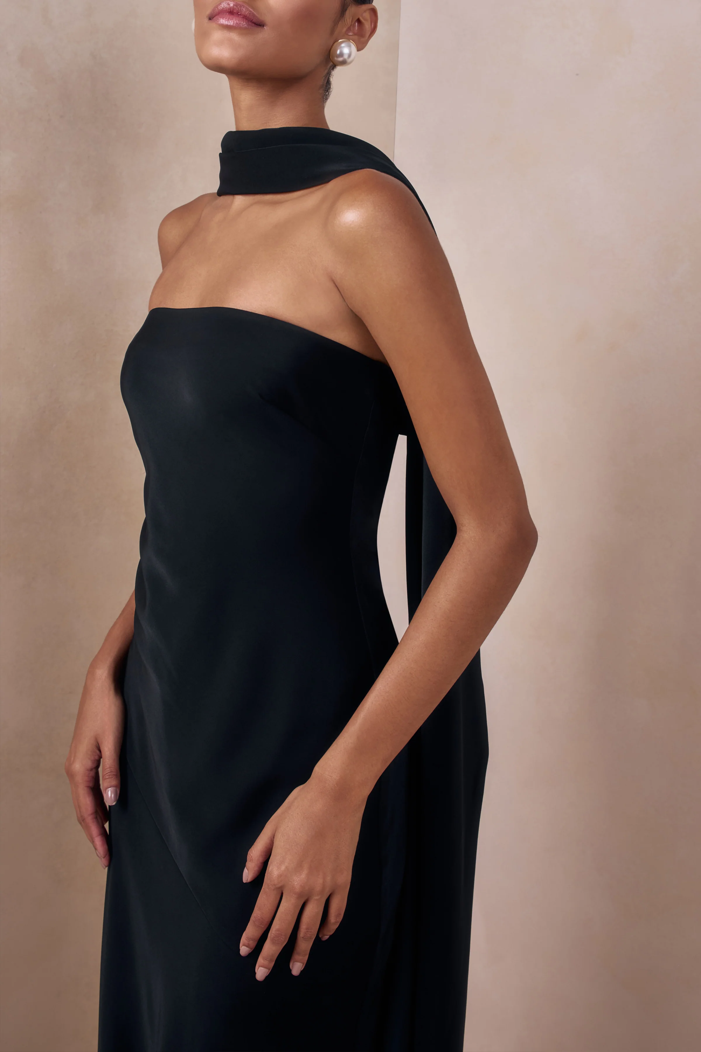 Charly | Black Matte Satin Bandeau Maxi Dress With Scarf-Detail - Image 3
