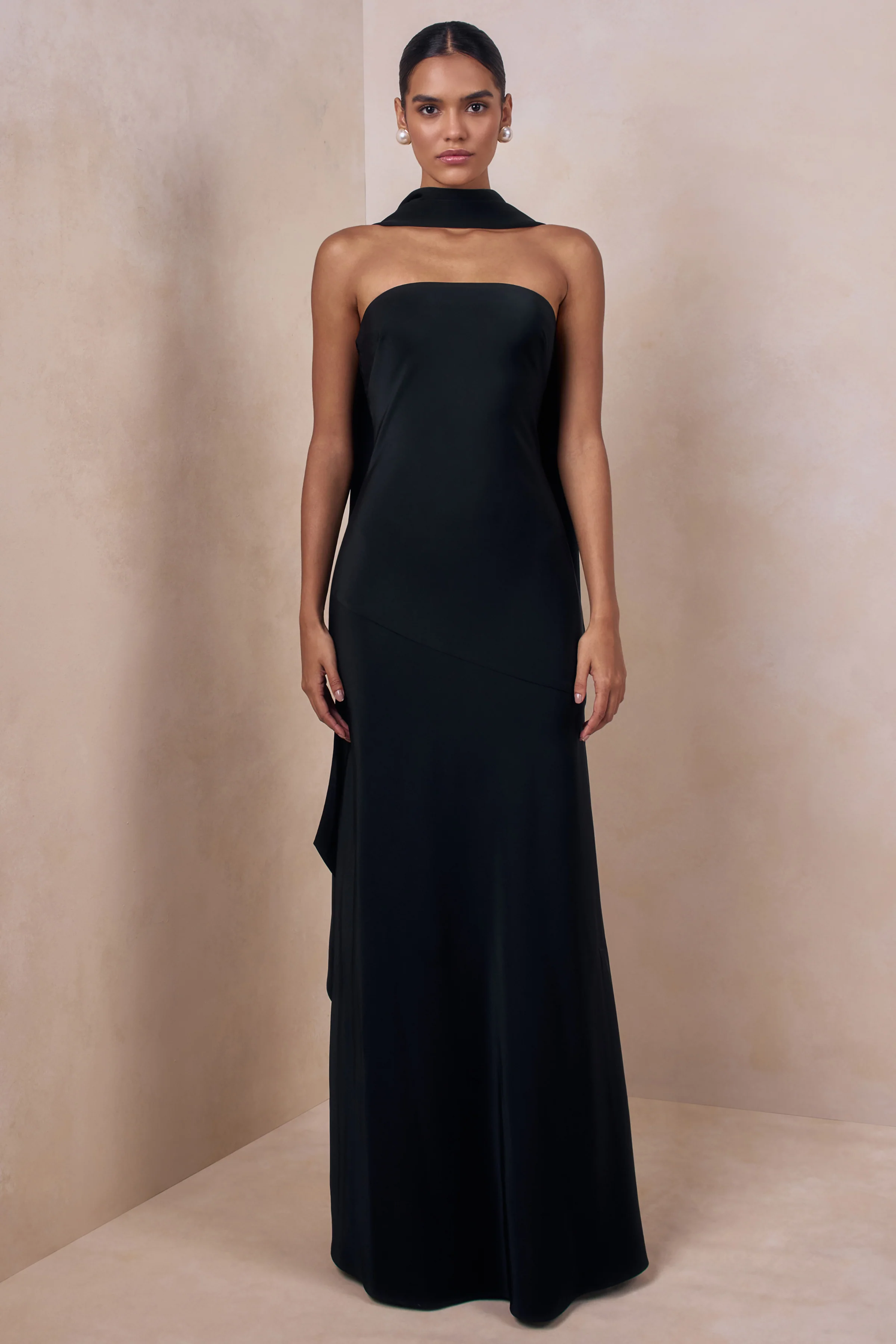Charly | Black Matte Satin Bandeau Maxi Dress With Scarf-Detail - Image 4