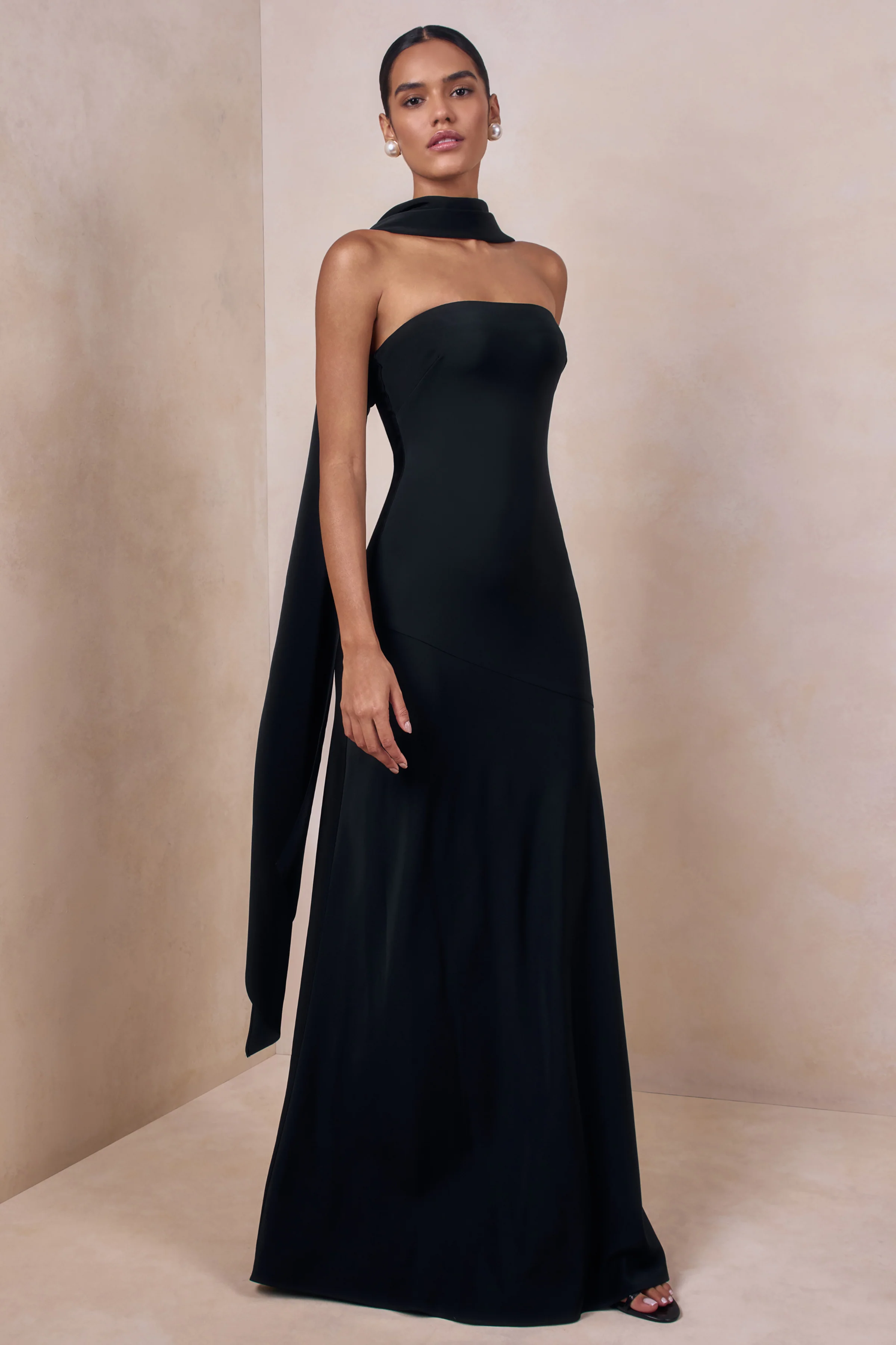 Charly | Black Matte Satin Bandeau Maxi Dress With Scarf-Detail - Image 5