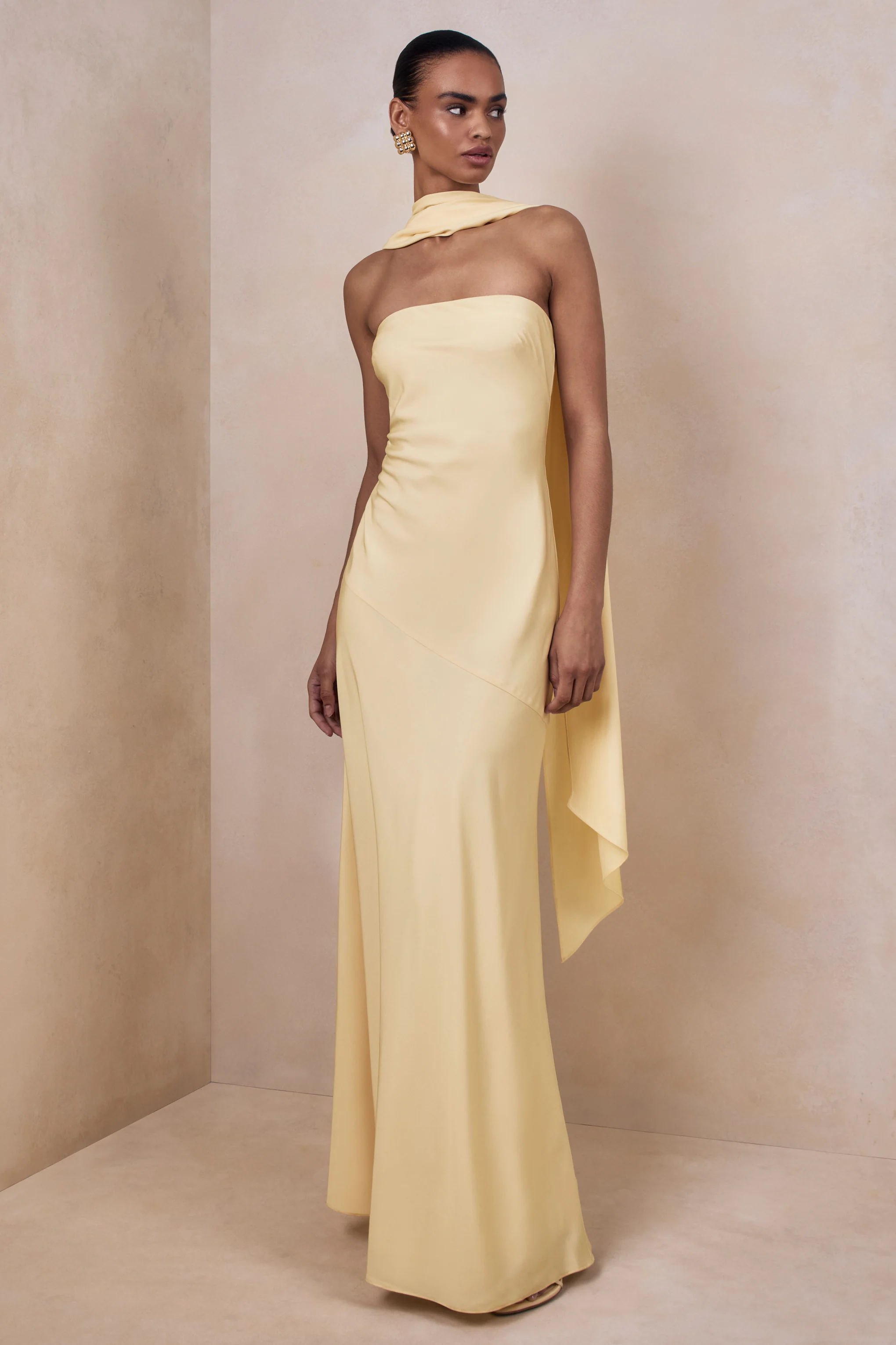 Charly | Lemon Matte Satin Bandeau Maxi Dress With Scarf-Detail - Image 2