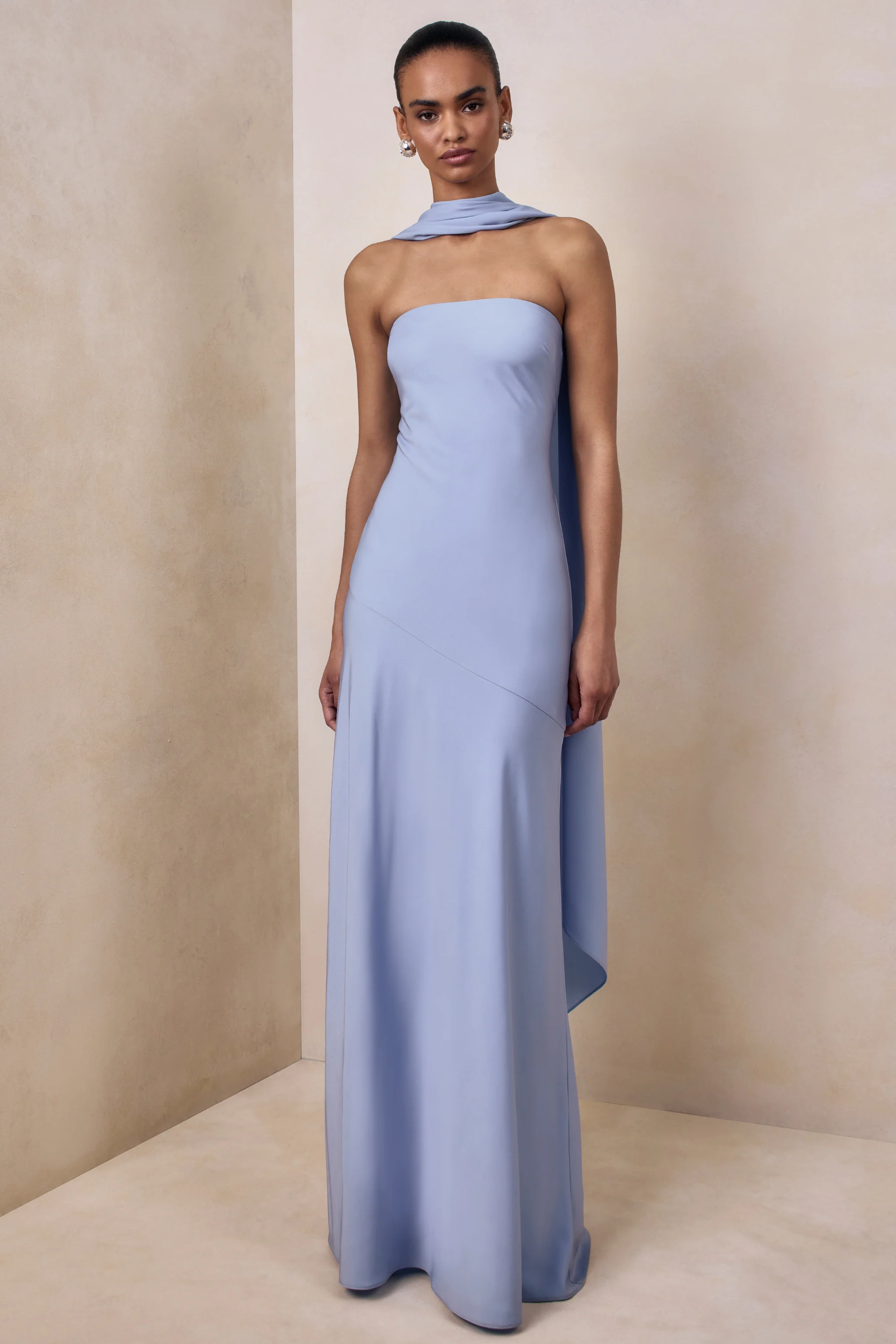 Charly | Powder Blue Matte Satin Bandeau Maxi Dress With Scarf-Detail - Image 5