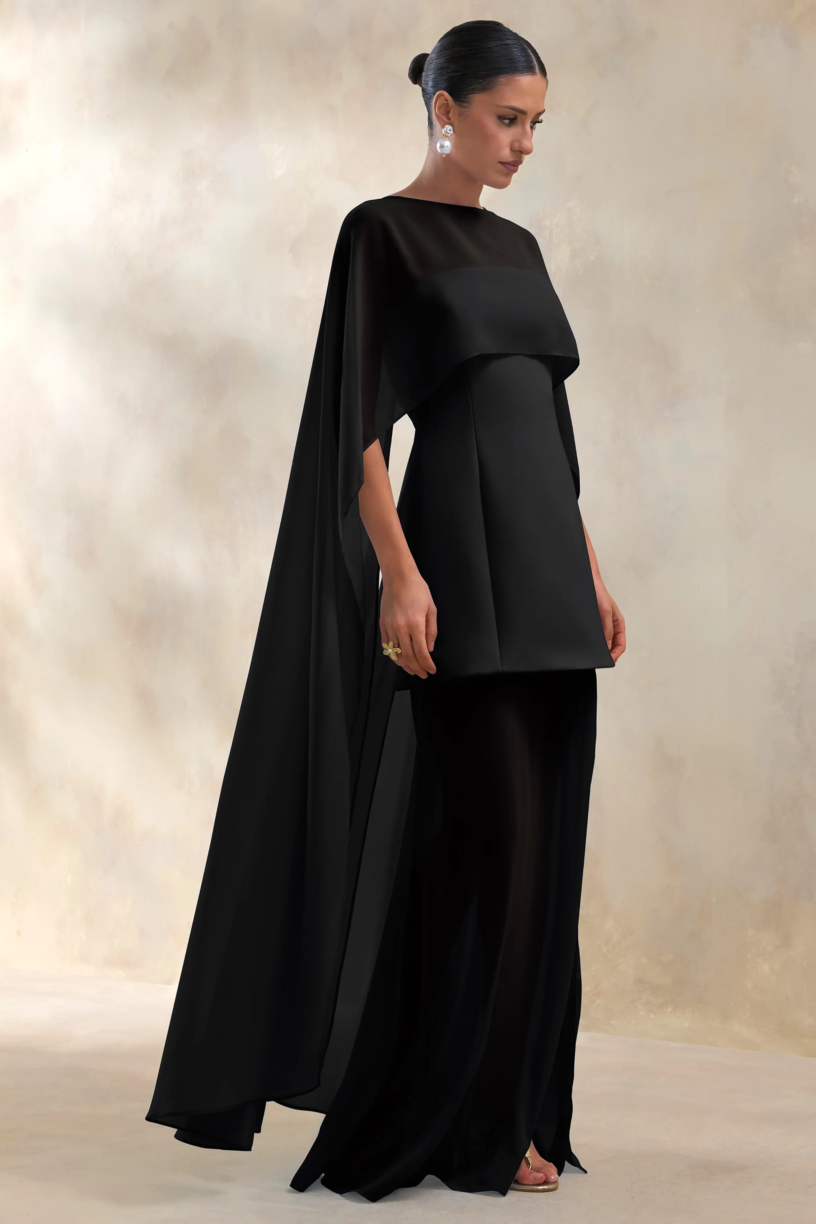 Chessa | Black Slashed-Neck Maxi Dress With Sheer Cape - Image 5