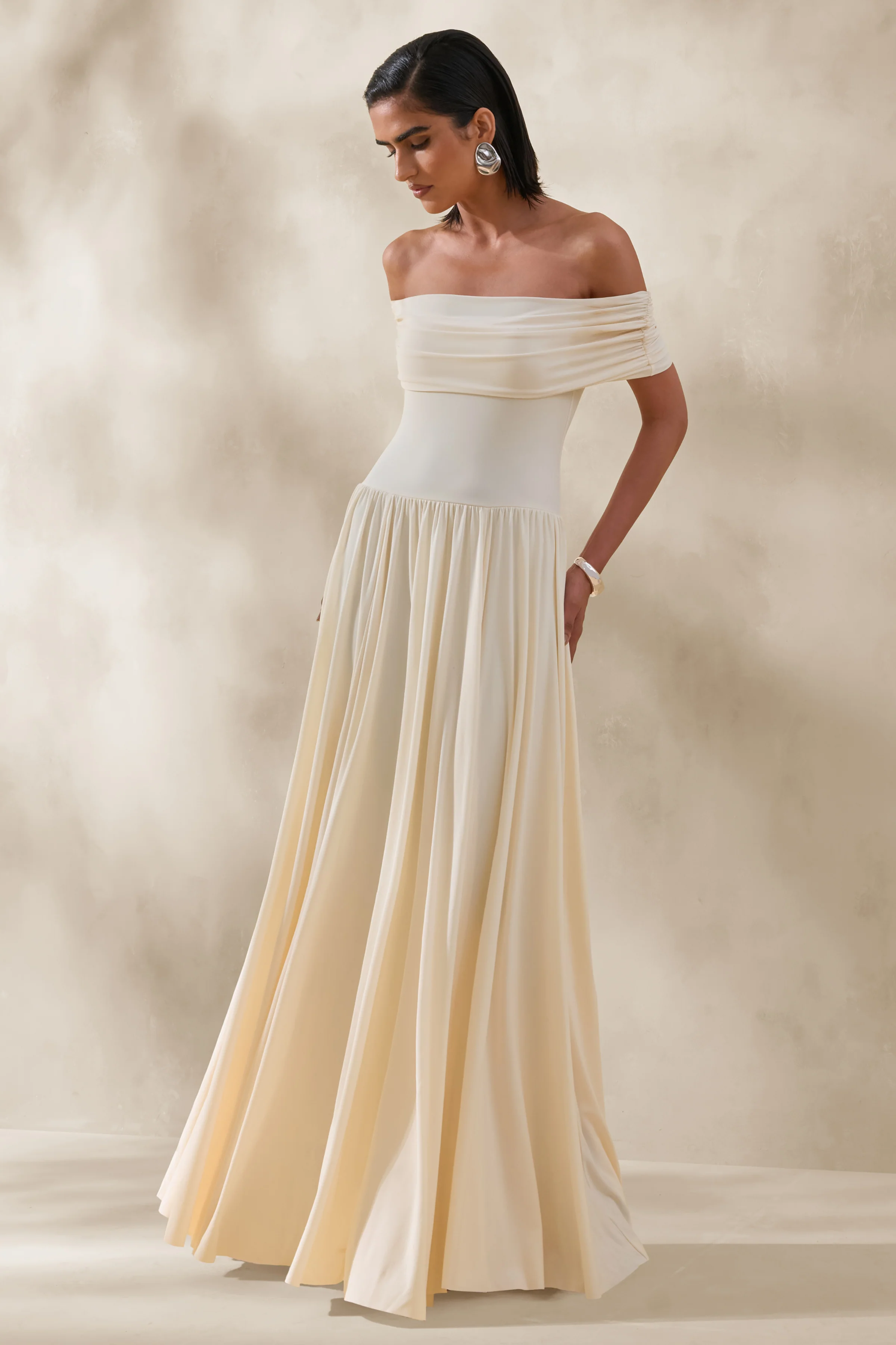 Cindie | Cream Bardot-Neck Maxi Dress - Image 4