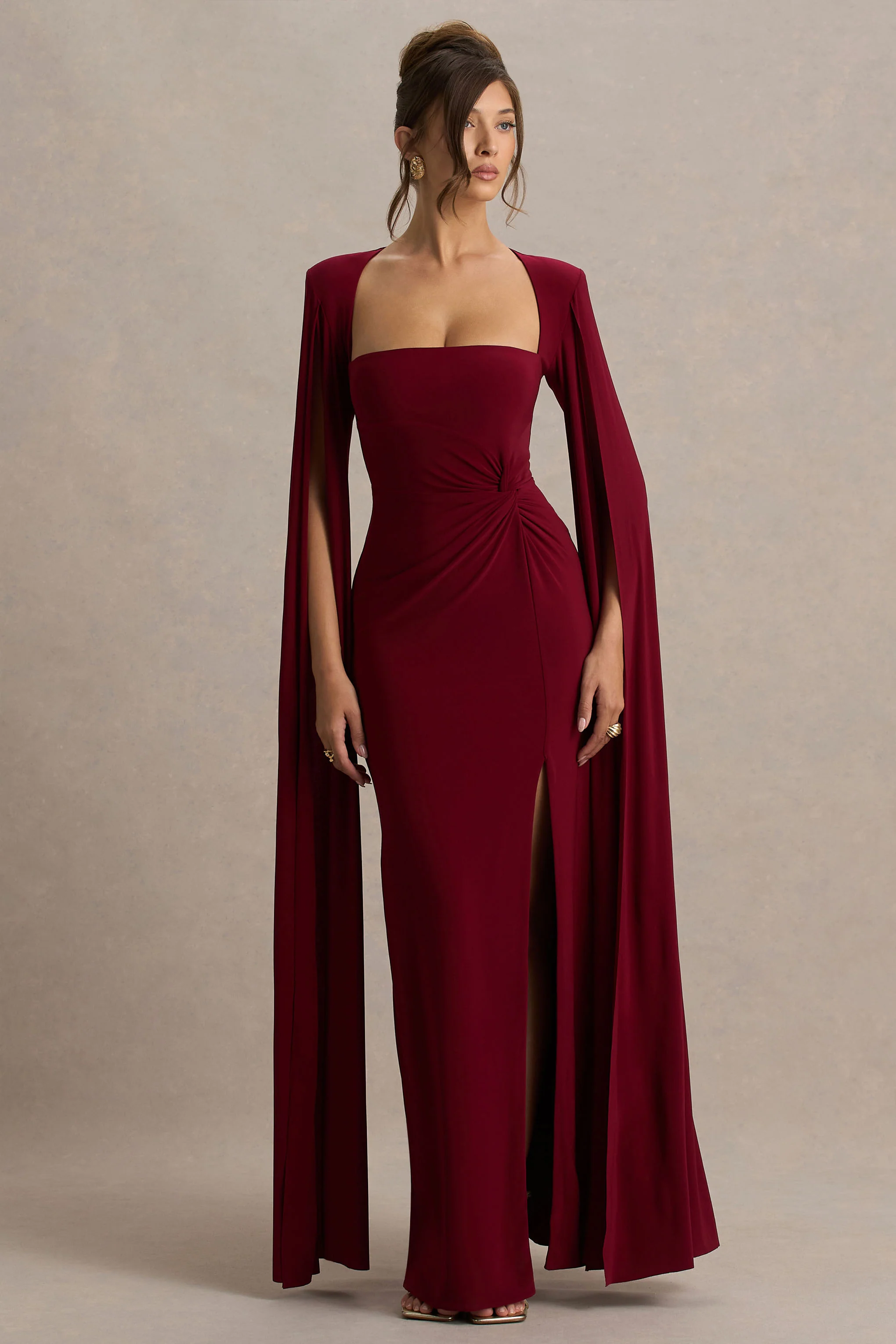 Claretta | Berry Square Neck Twisted Maxi Dress With Cape Sleeves - Image 5
