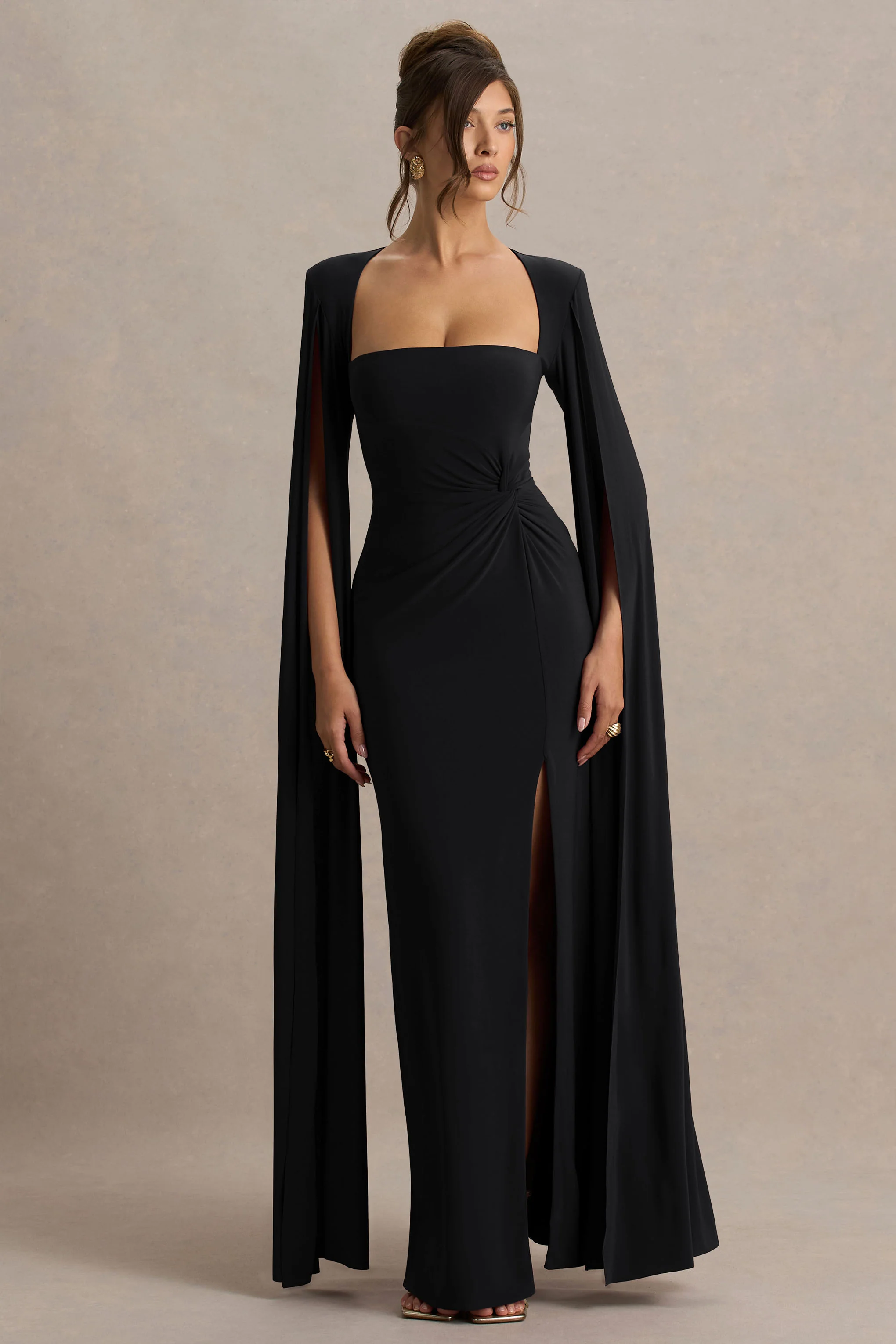 Claretta | Black Square Neck Twisted Maxi Dress With Cape Sleeves - Image 4