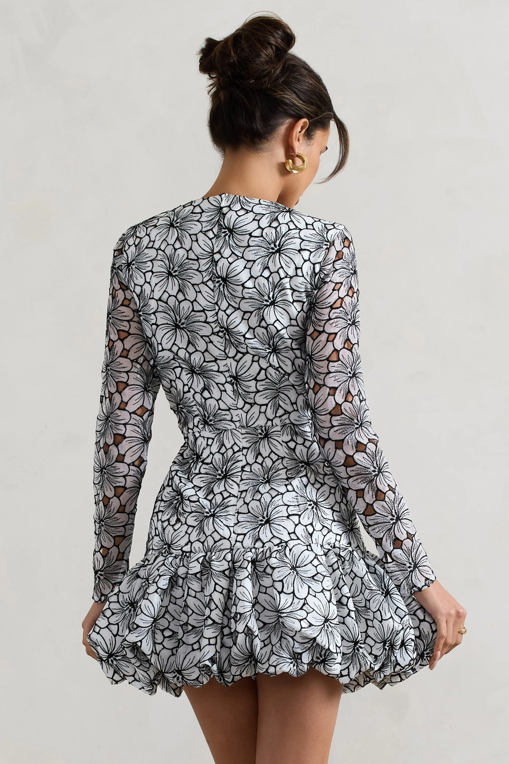 Claribel | Black & White Lace Long-Sleeve Mini Dress With Ruffle Hem - Image 3