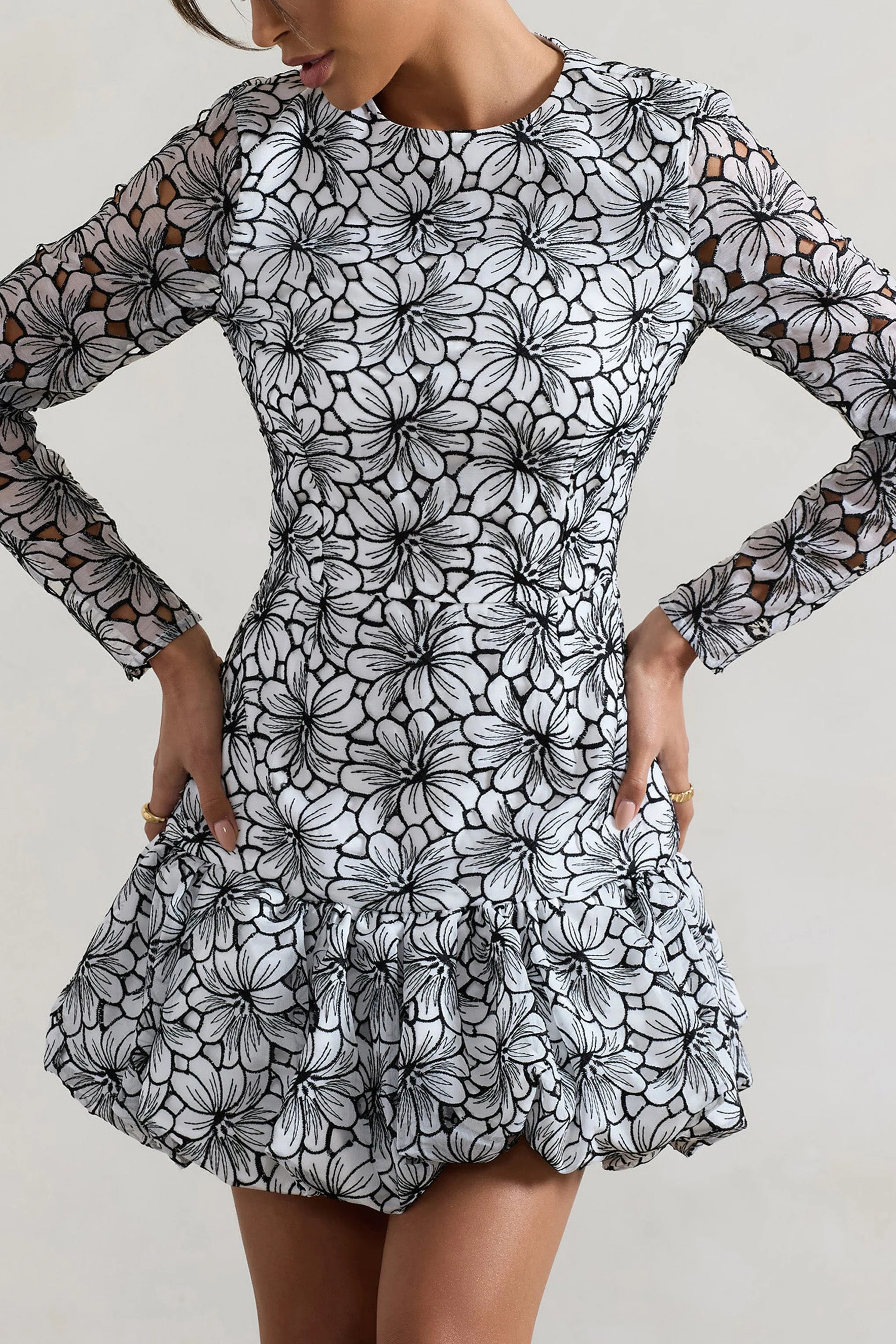 Claribel | Black & White Lace Long-Sleeve Mini Dress With Ruffle Hem - Image 4