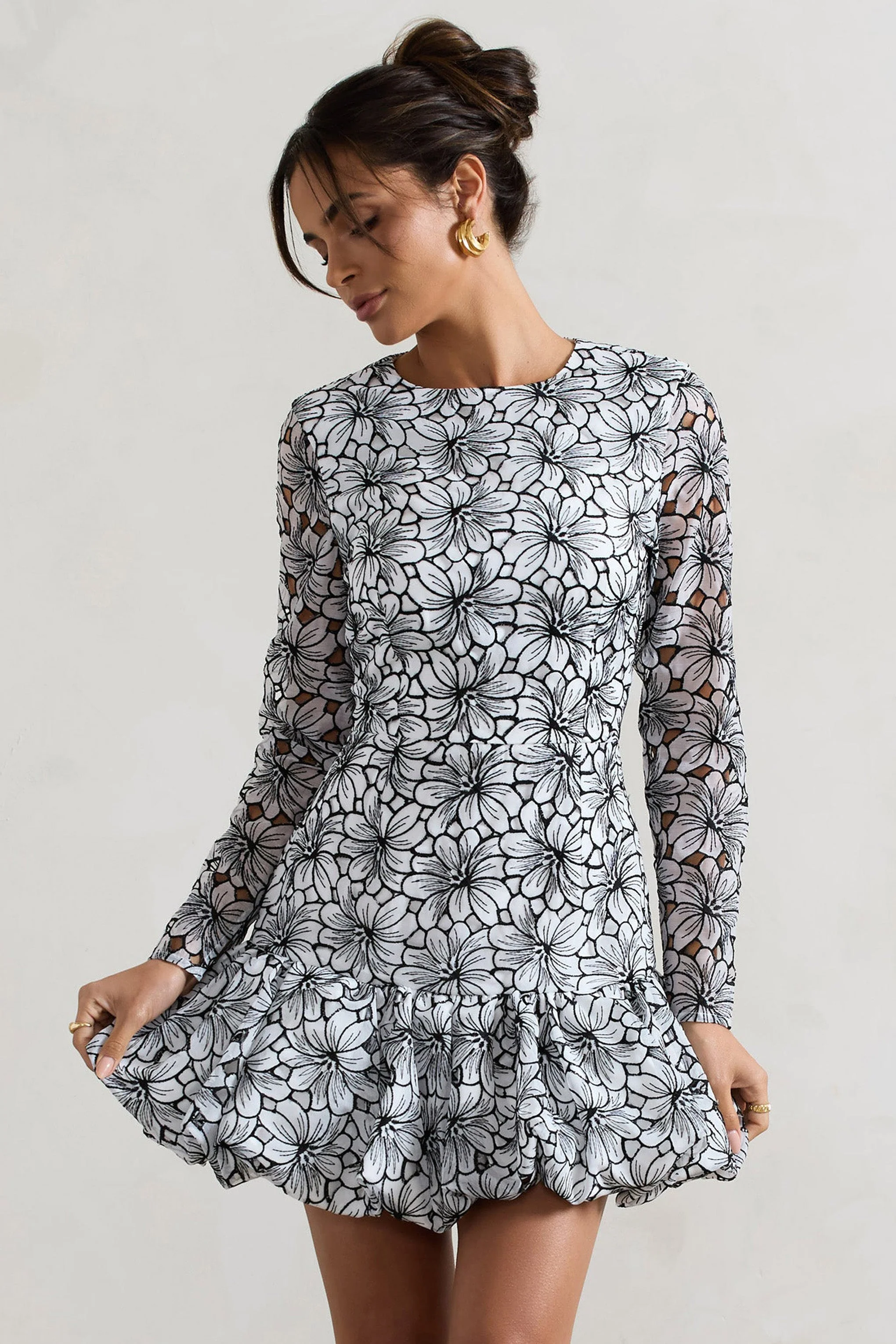 Claribel | Black & White Lace Long-Sleeve Mini Dress With Ruffle Hem - Image 5