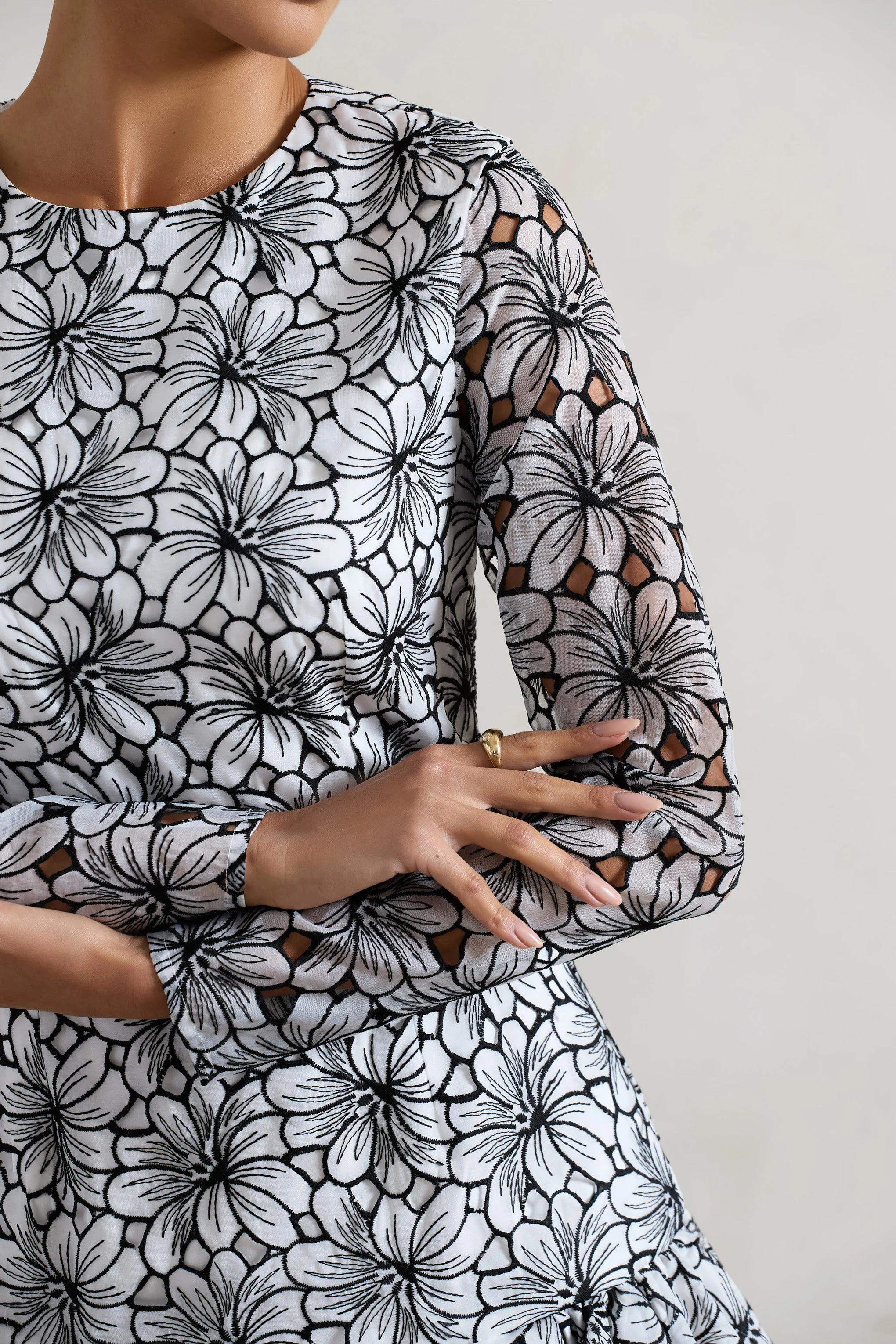 Claribel | Black & White Lace Long-Sleeve Mini Dress With Ruffle Hem - Image 7