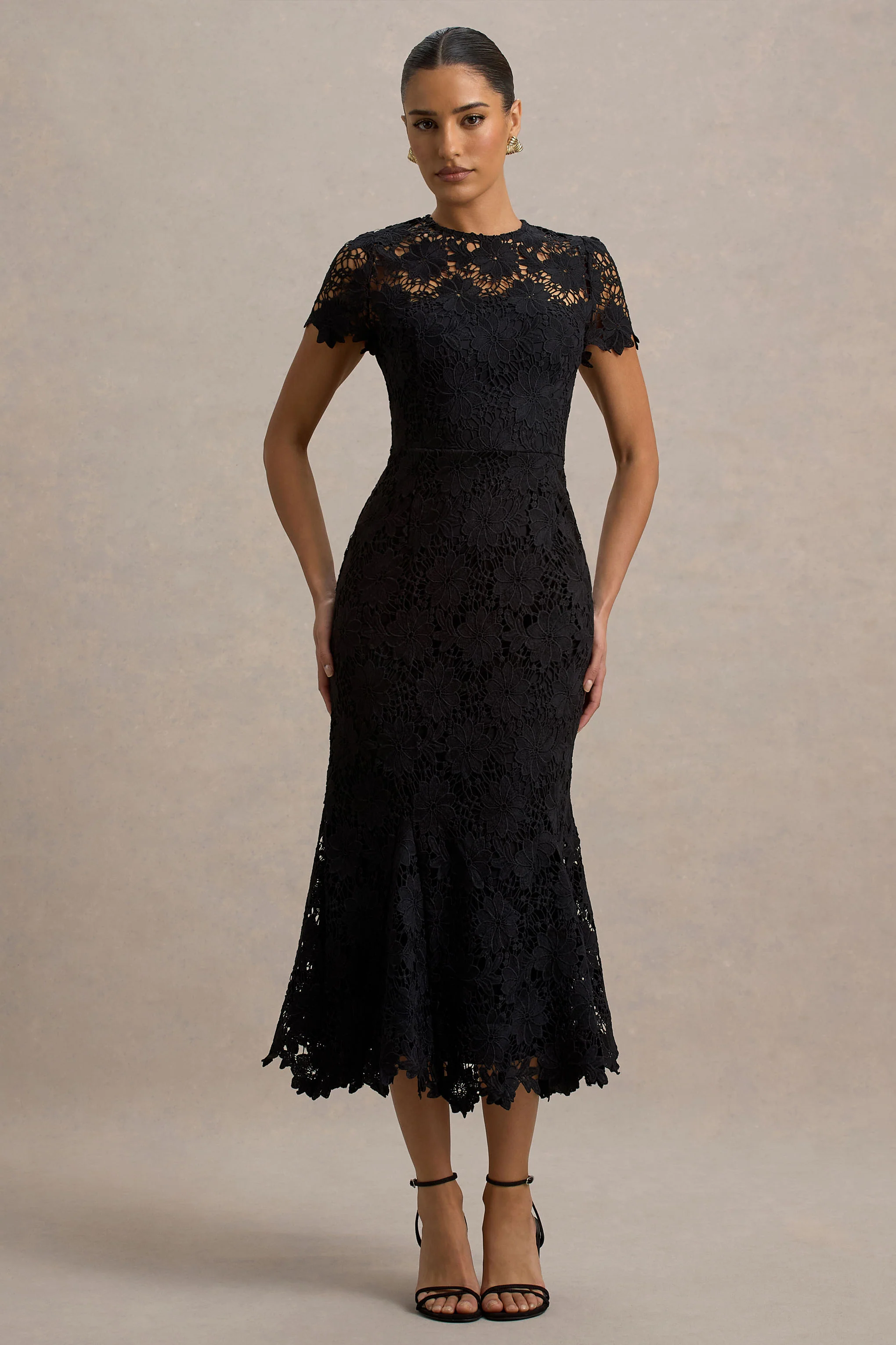 Clarissa | Black Lace Short-Sleeve Midi Dress