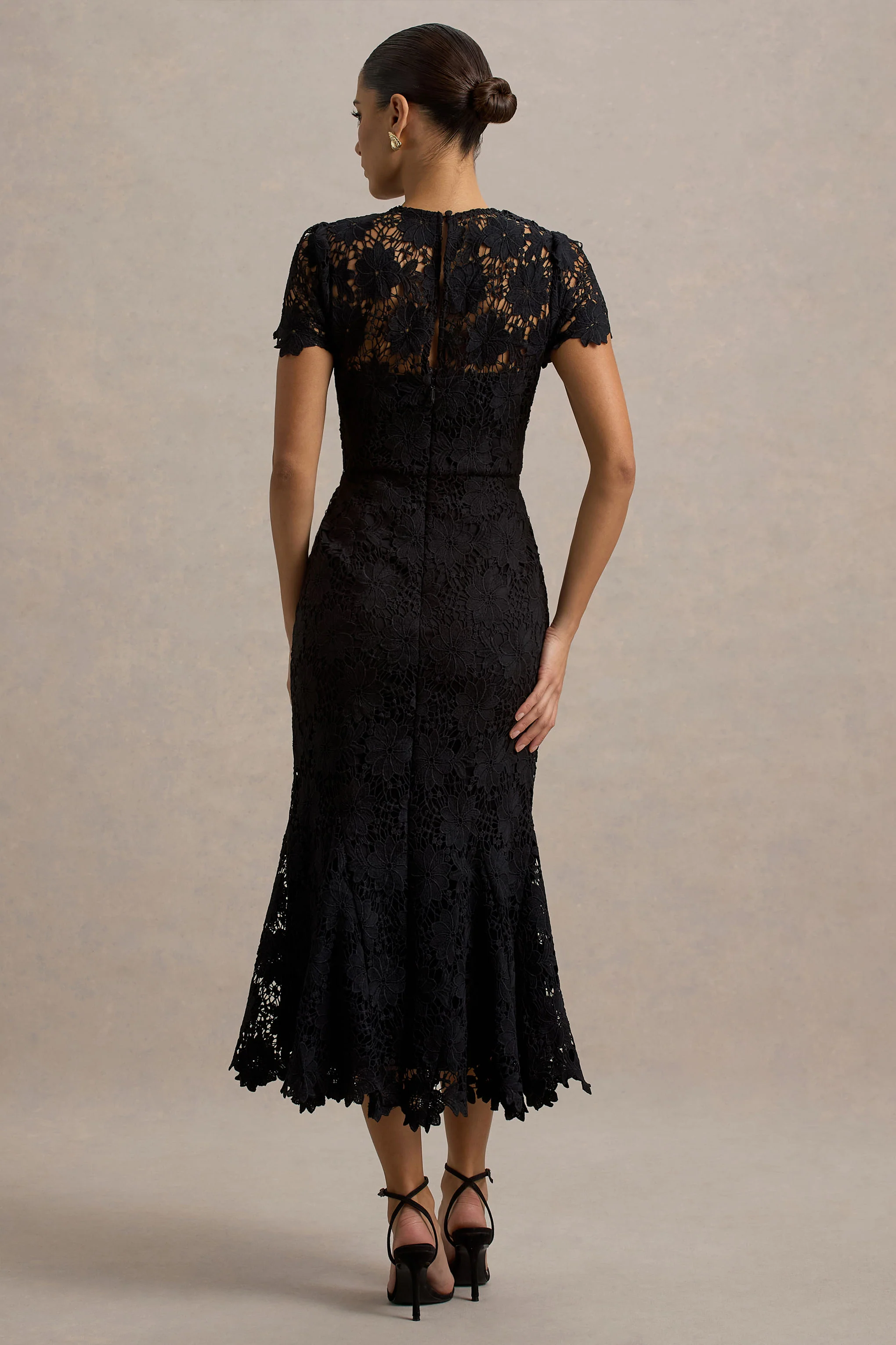 Clarissa | Black Lace Short-Sleeve Midi Dress - Image 2