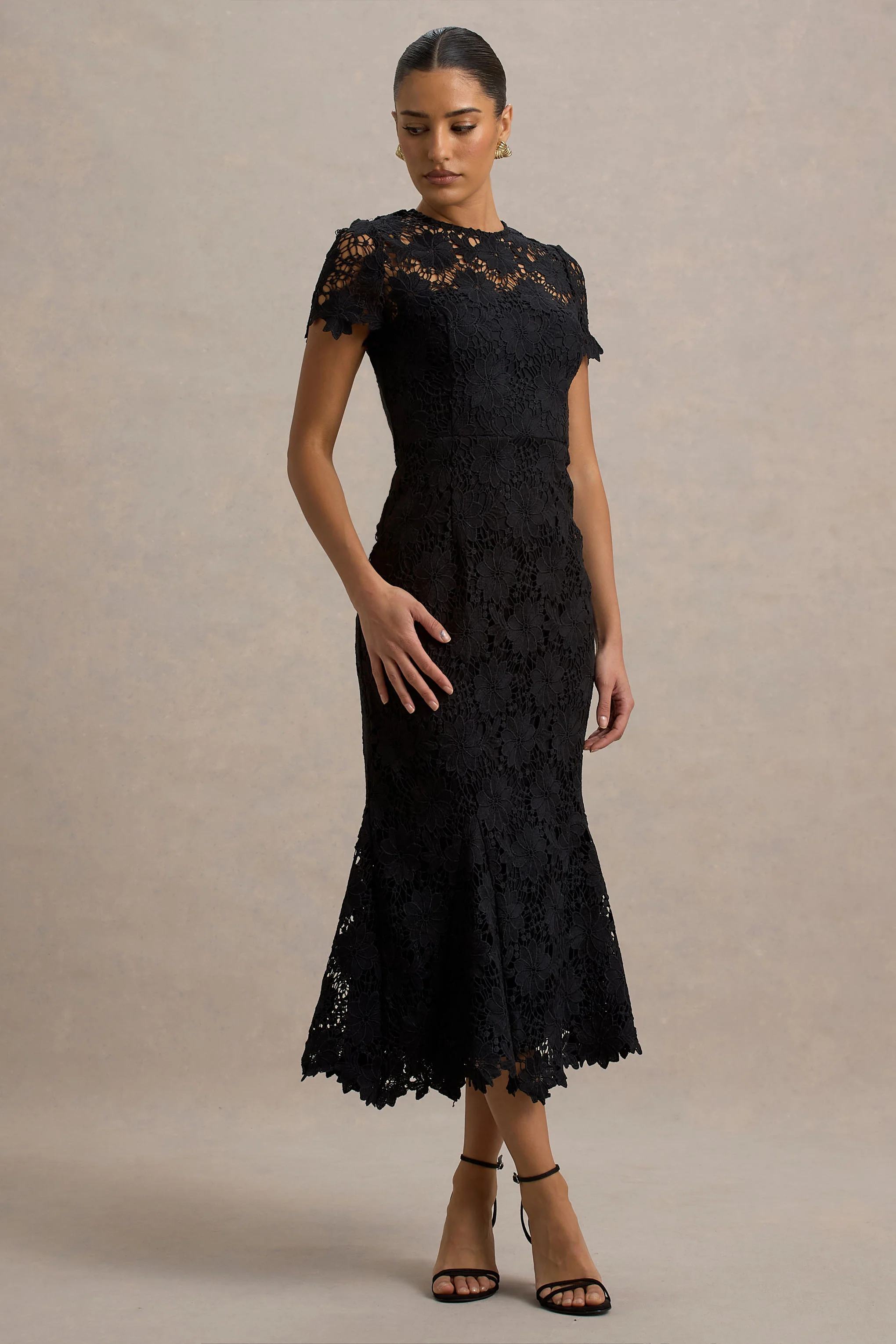 Clarissa | Black Lace Short-Sleeve Midi Dress - Image 4