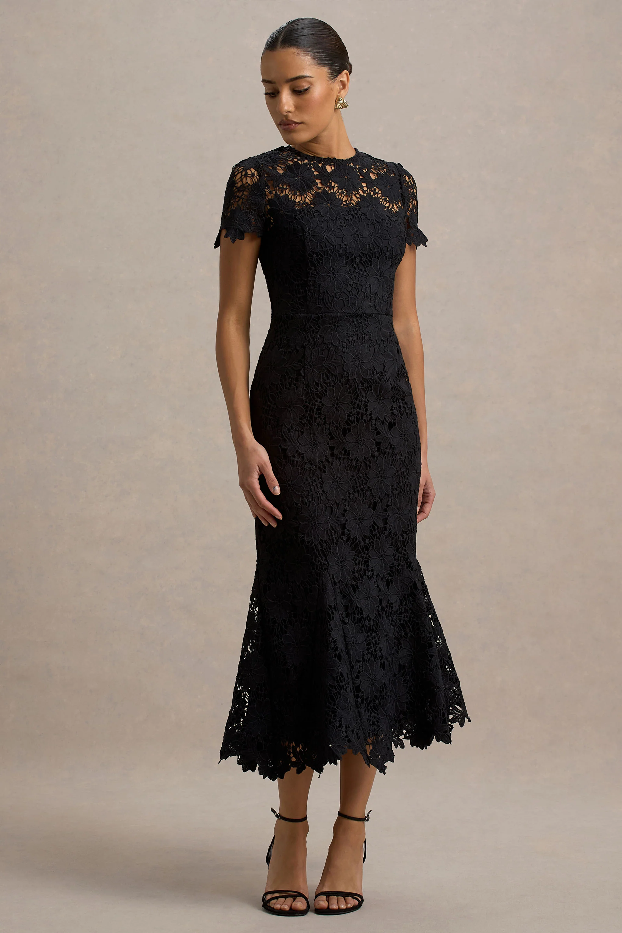 Clarissa | Black Lace Short-Sleeve Midi Dress - Image 5