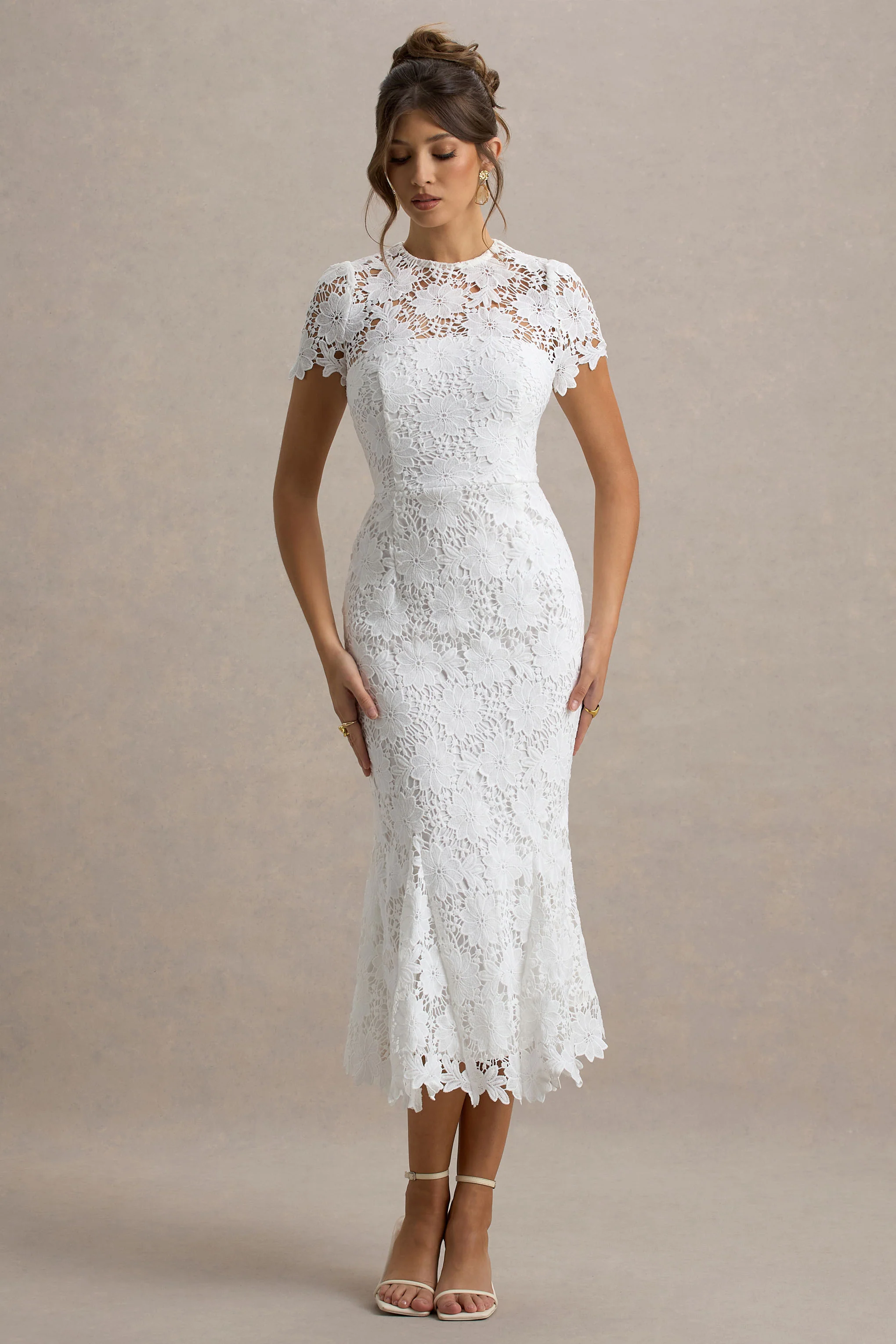 Clarissa | White Lace Crew-Neck Short-Sleeve Midi Dress