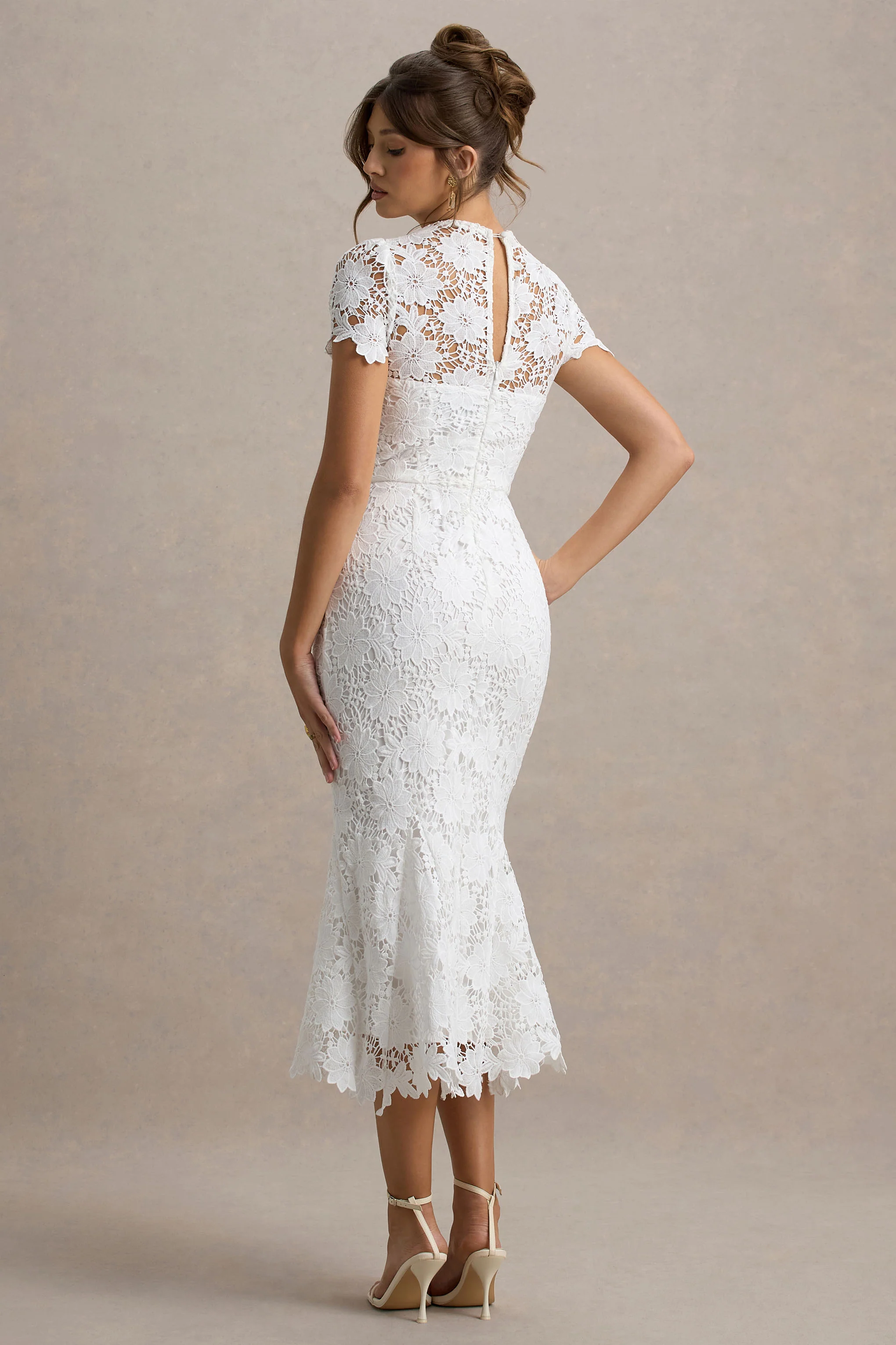 Clarissa | White Lace Crew-Neck Short-Sleeve Midi Dress - Image 2