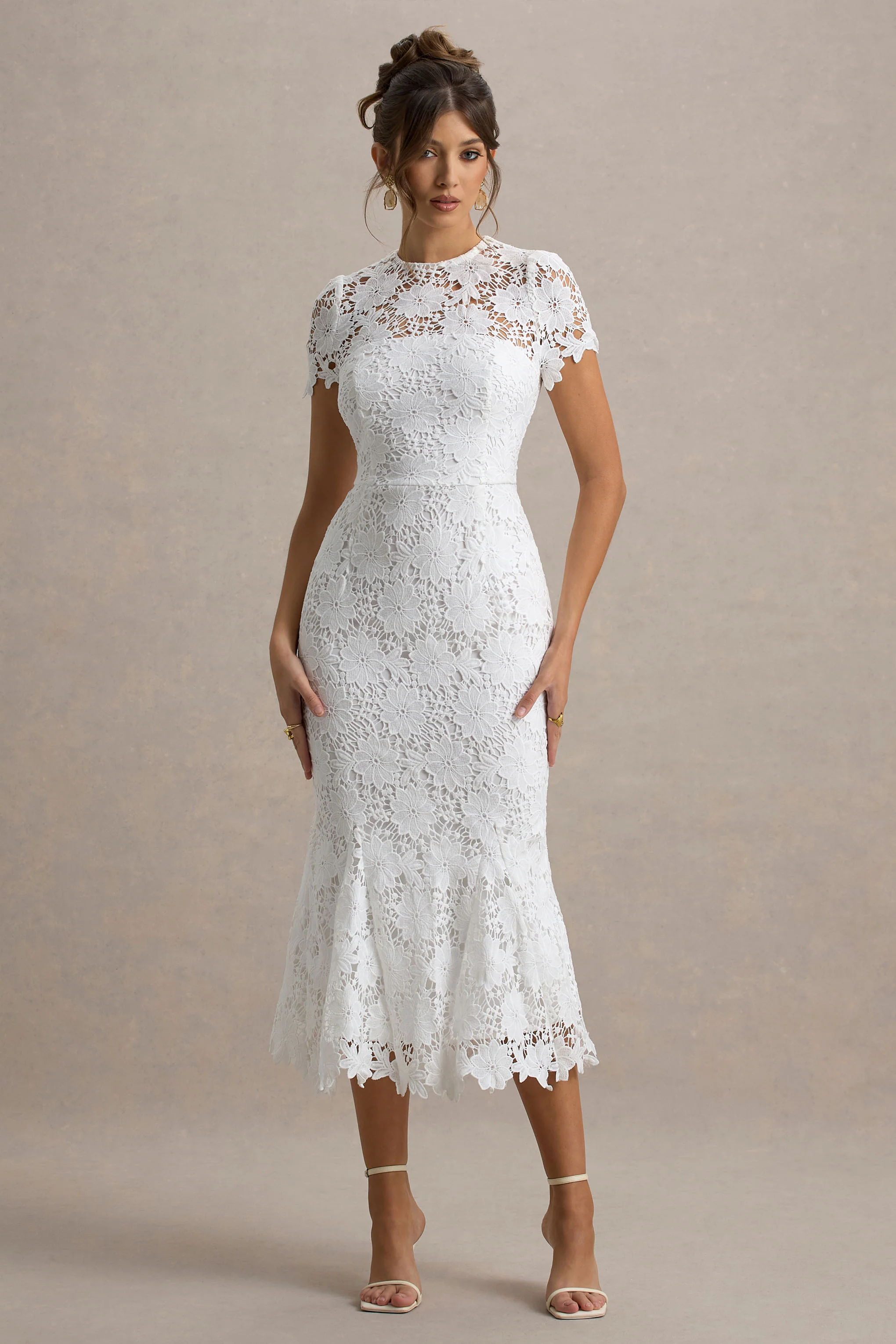 Clarissa | White Lace Crew-Neck Short-Sleeve Midi Dress - Image 5