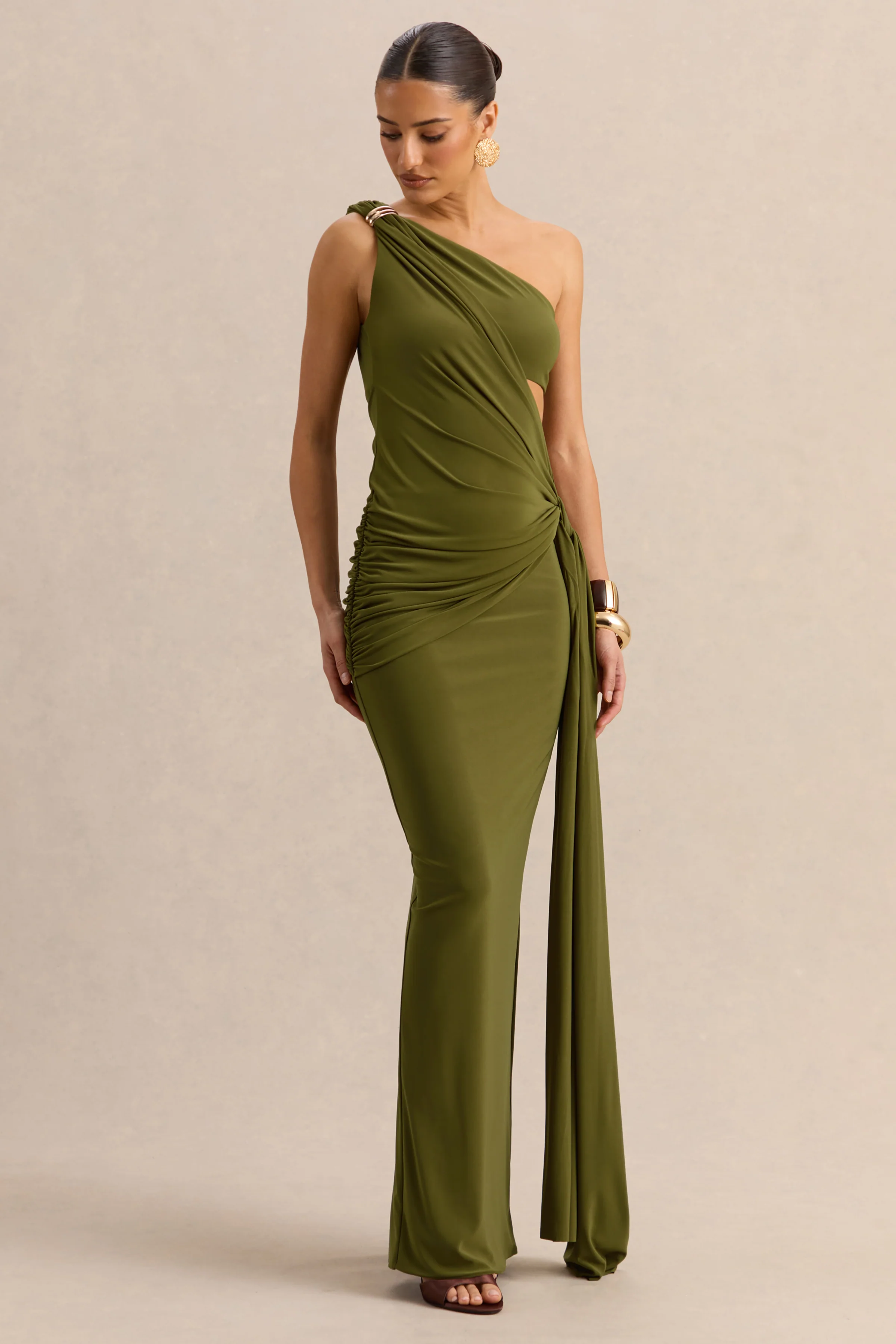 Clarosia | Green Asymmetric-Neck Maxi Dress With Cut-Out With Sash - Image 4