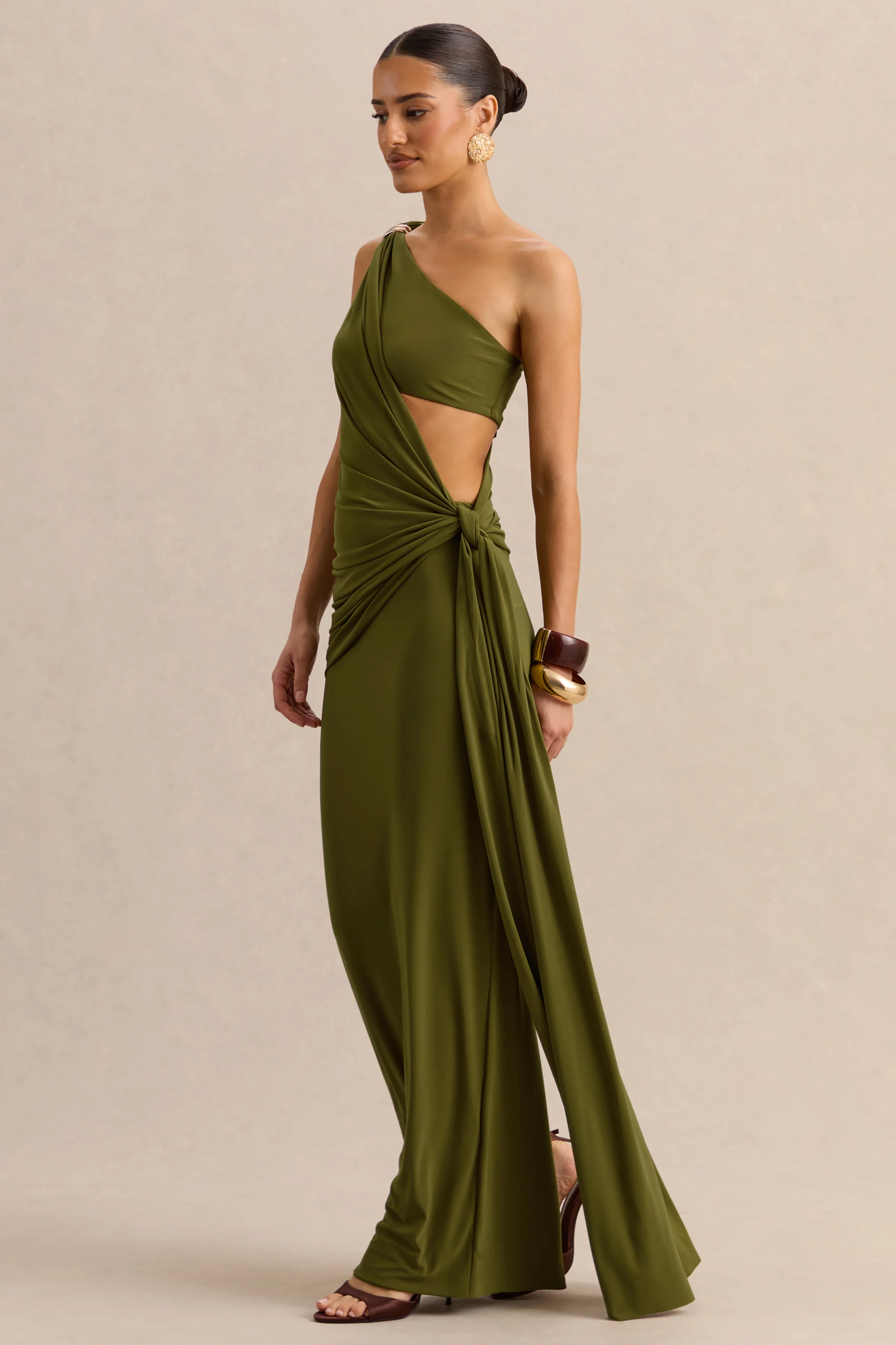 Clarosia | Green Asymmetric-Neck Maxi Dress With Cut-Out With Sash - Image 6