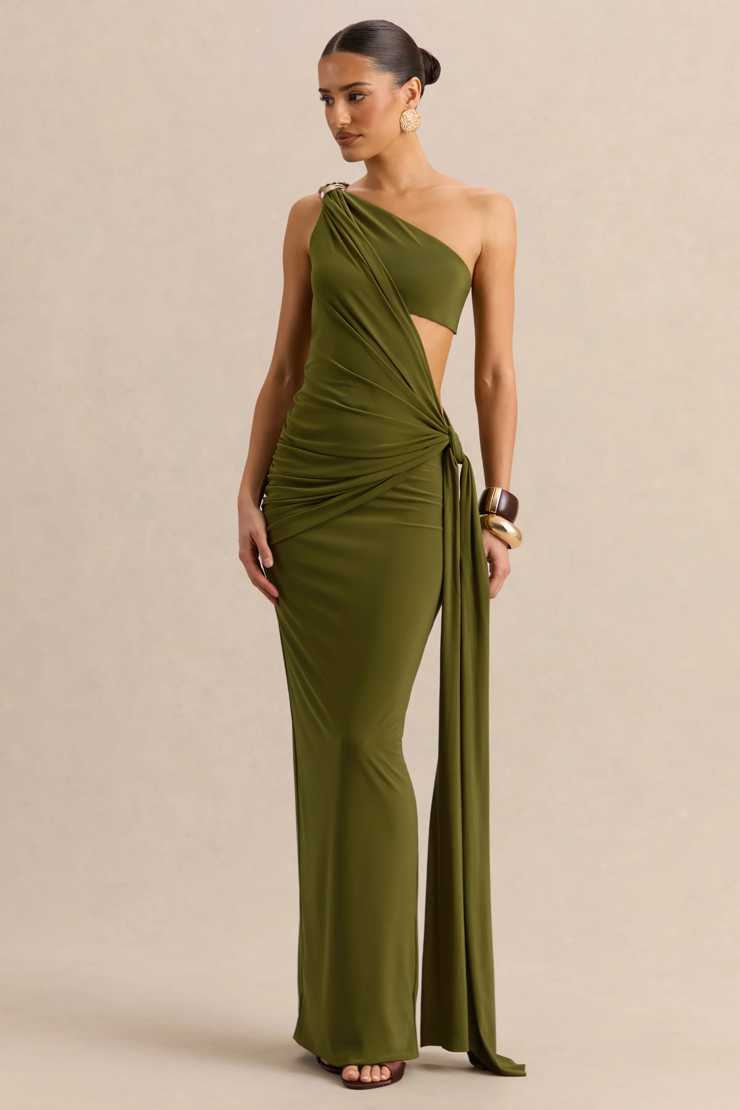 Clarosia | Green Asymmetric-Neck Maxi Dress With Cut-Out With Sash - Image 7
