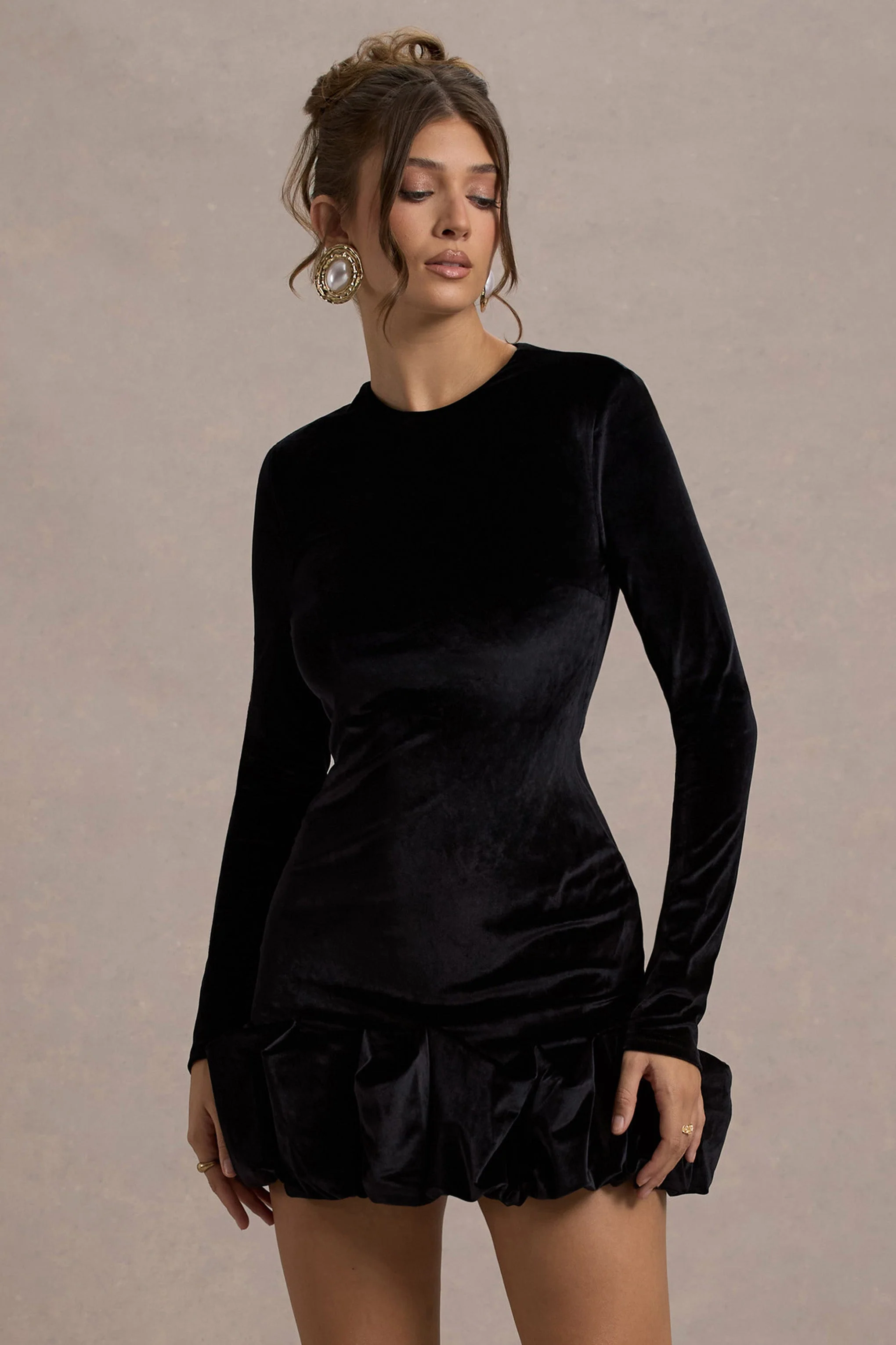 Claudine | Black Velvet Long-Sleeved Ruffled Mini Dress - Image 4