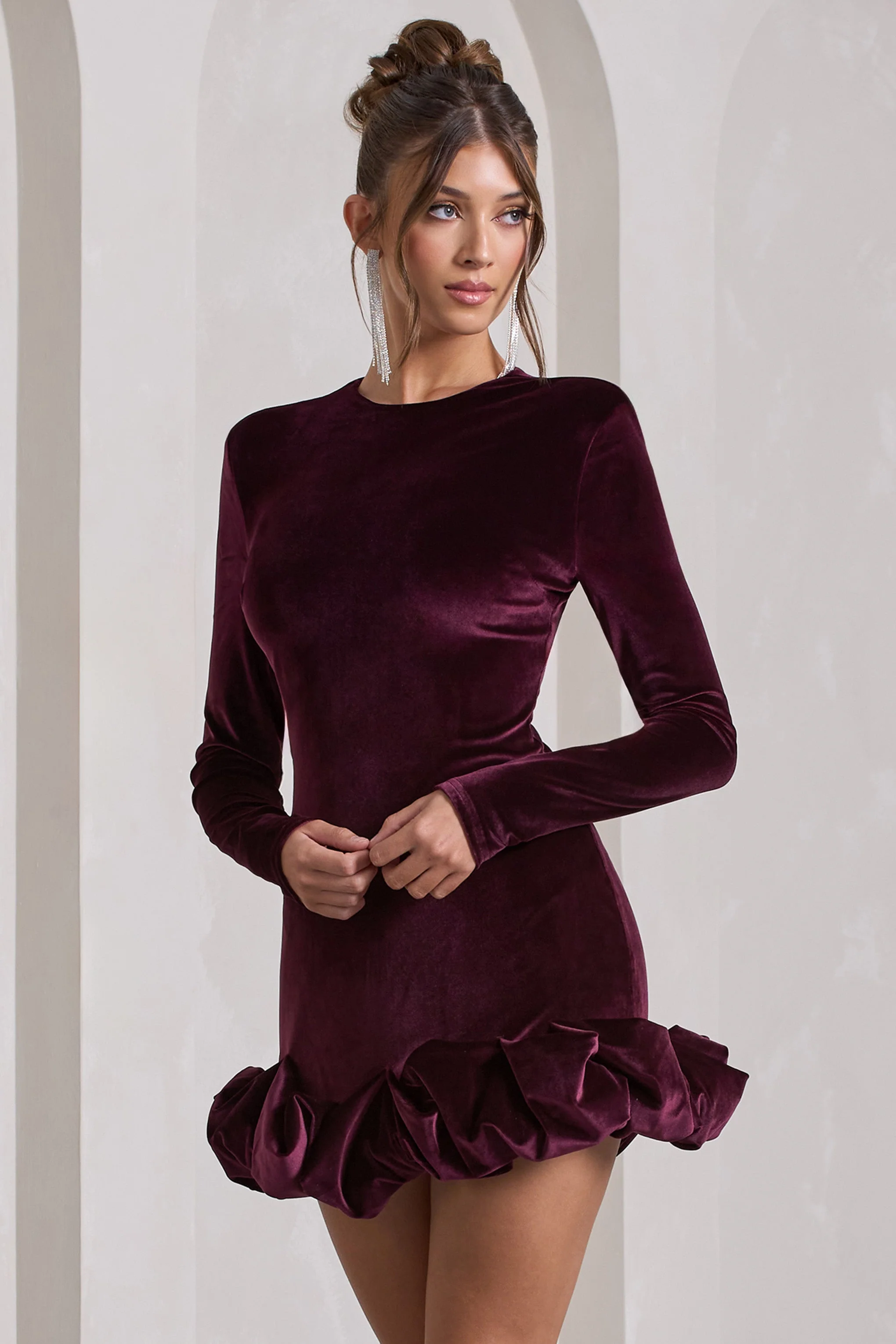 Claudine | Port Velvet Long-Sleeved Ruffled Mini Dress - Image 5