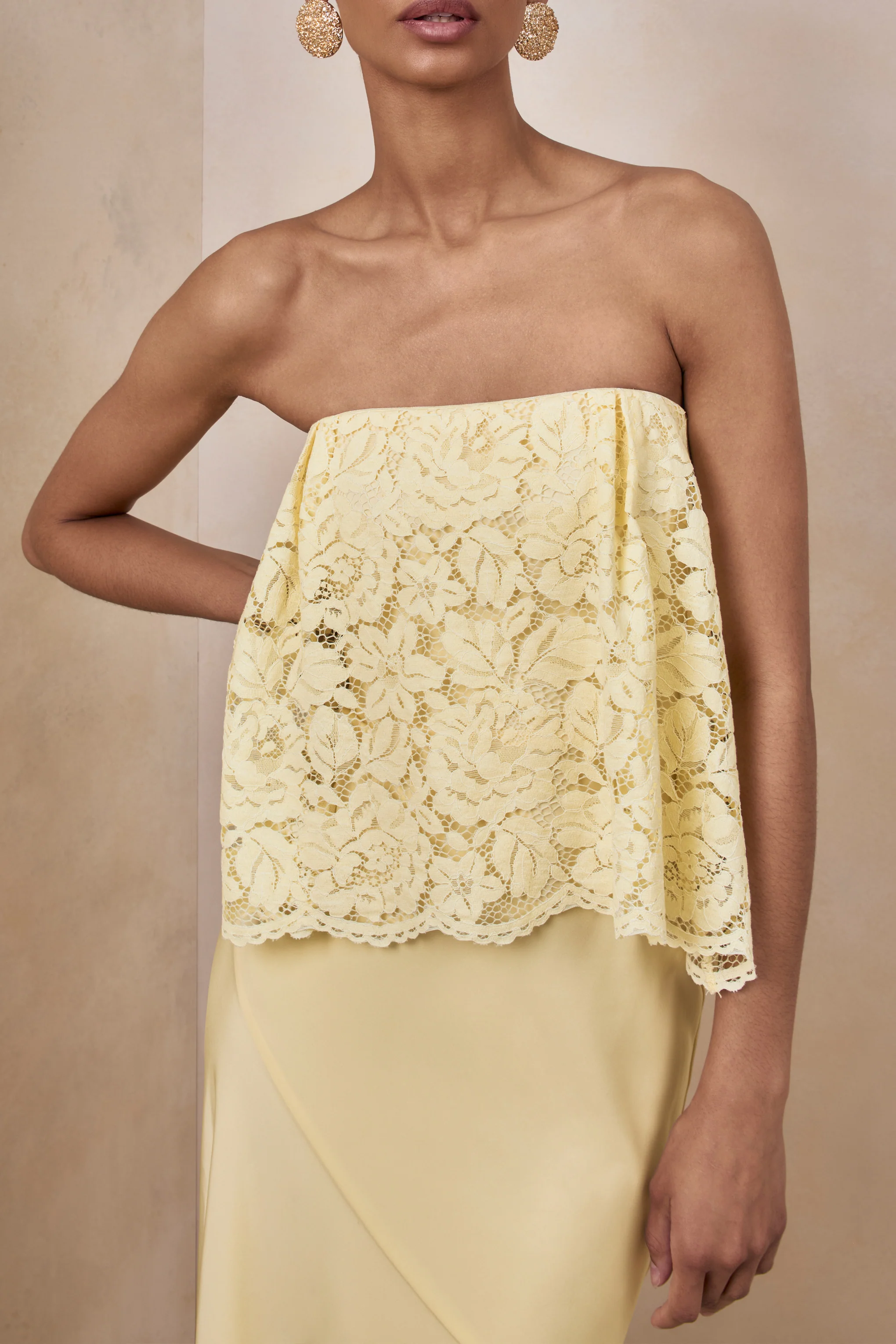 Clemency | Lemon Lace And Matte Satin Bandeau Maxi Dress - Image 3