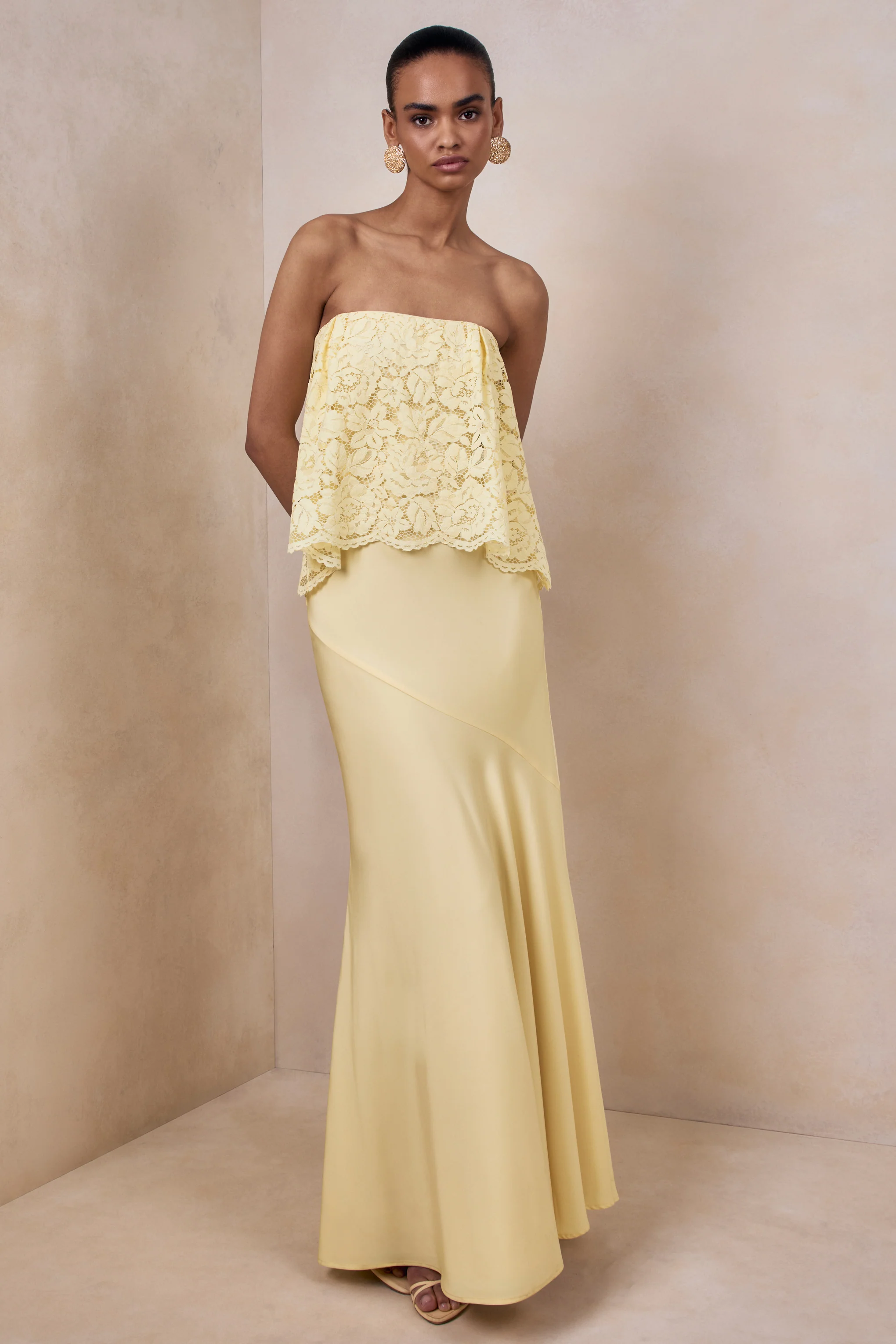 Clemency | Lemon Lace And Matte Satin Bandeau Maxi Dress - Image 4