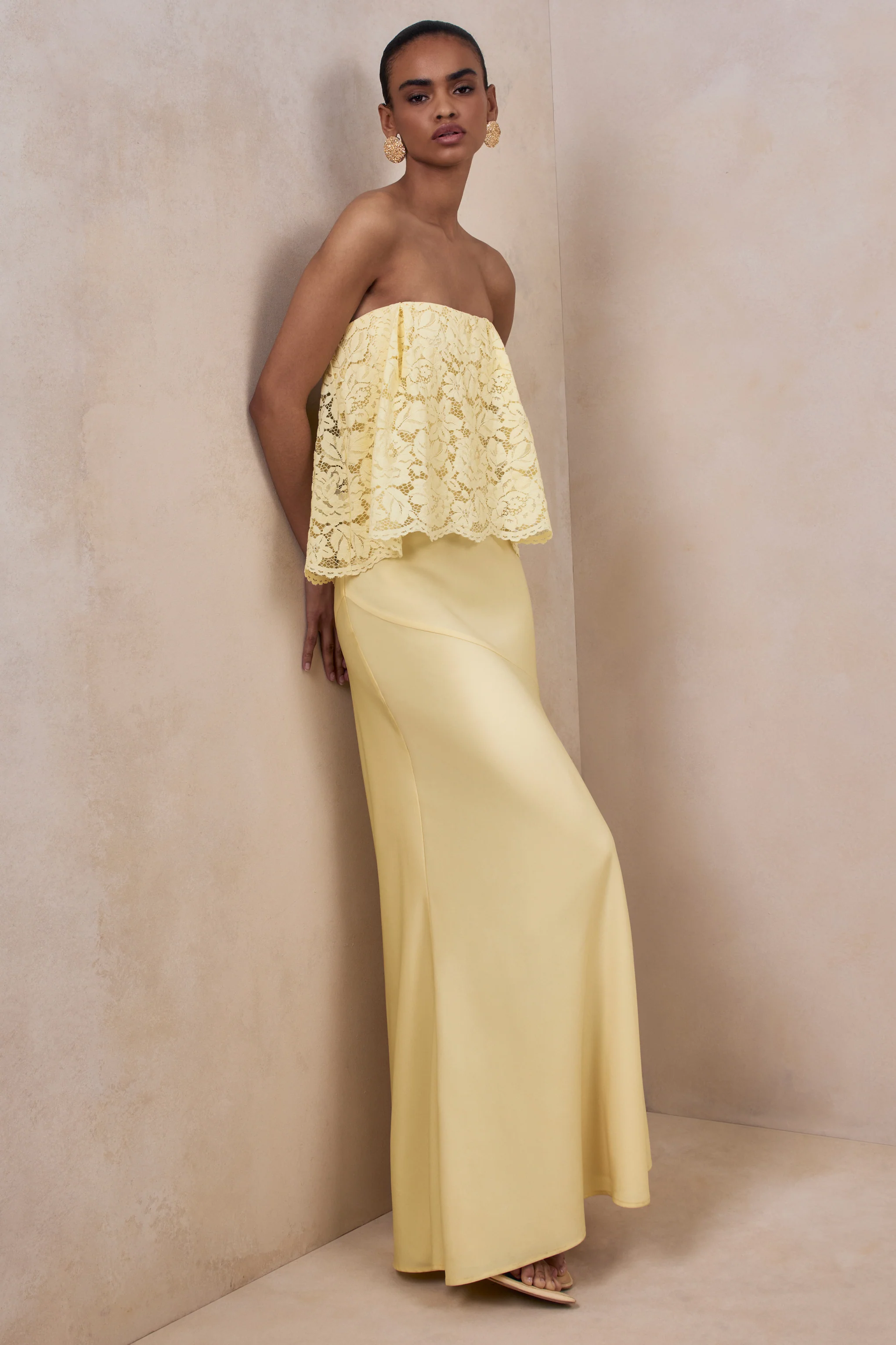 Clemency | Lemon Lace And Matte Satin Bandeau Maxi Dress - Image 5