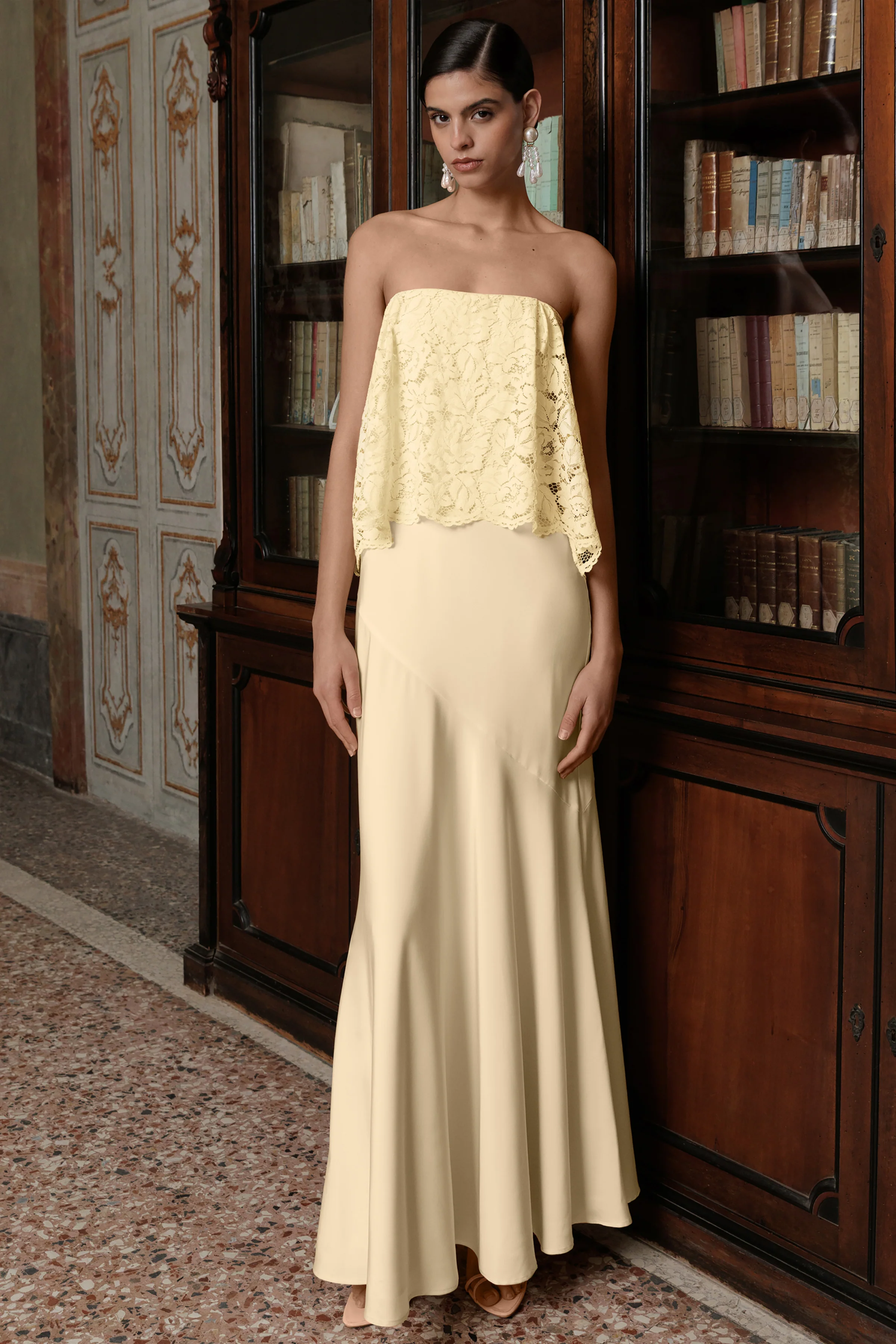 Clemency | Lemon Lace And Matte Satin Bandeau Maxi Dress - Image 7