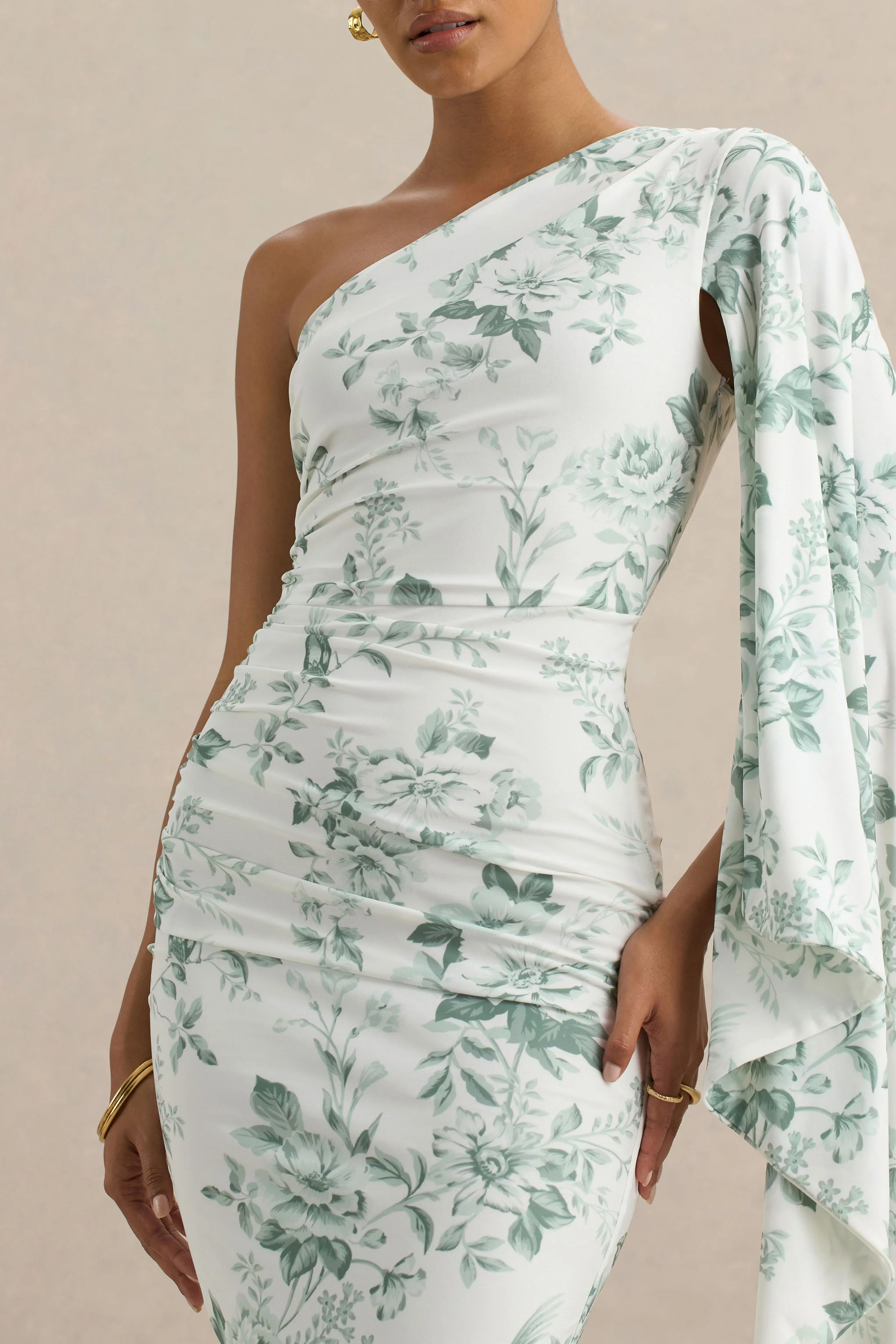 Clementina | Green Porcelain Print Asymmetric Cape Sleeve Maxi Dress - Image 2
