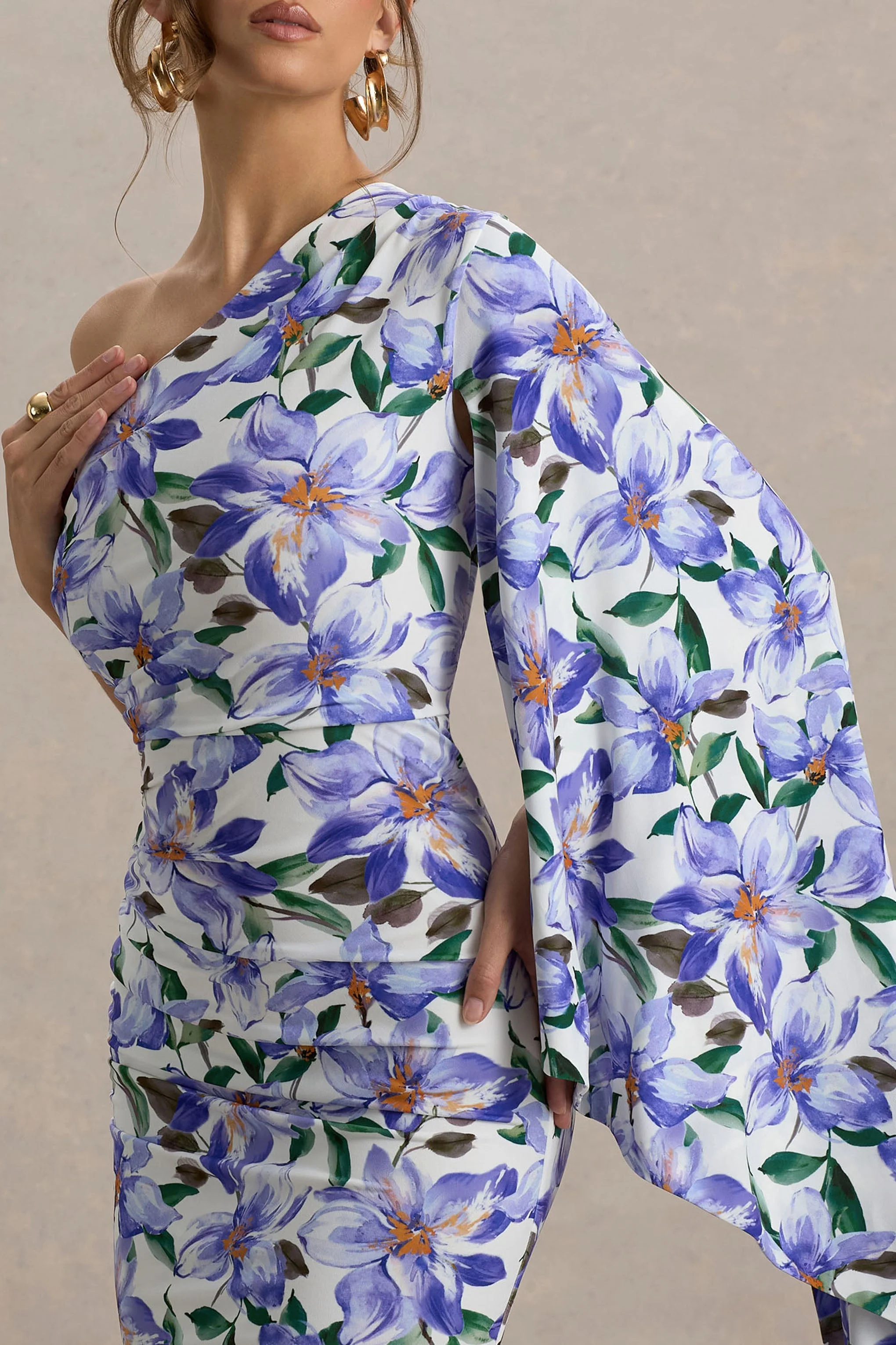 Clementina | Purple Lily Print Asymmetric Cape Sleeve Maxi Dress - Image 3