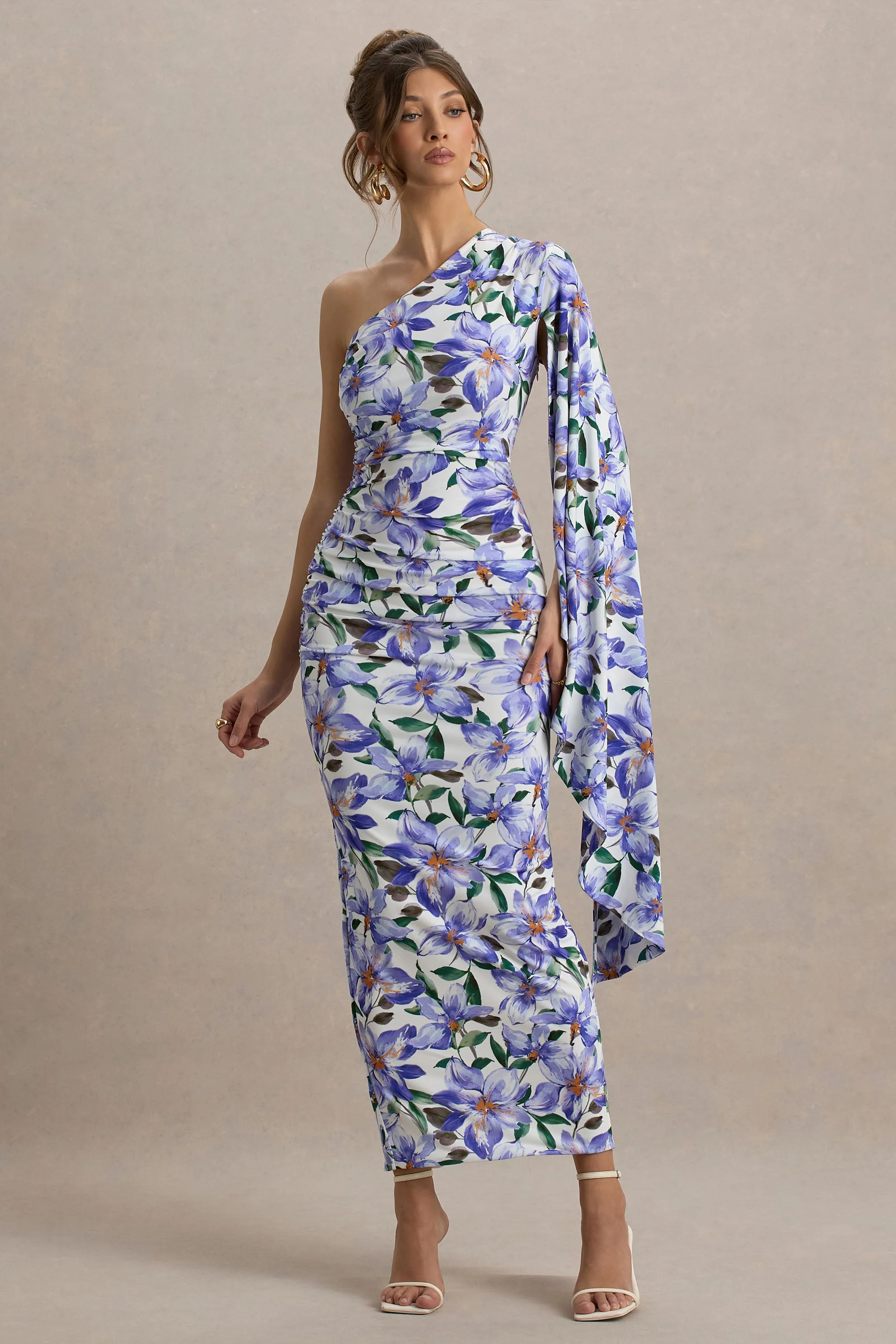 Clementina | Purple Lily Print Asymmetric Cape Sleeve Maxi Dress - Image 4