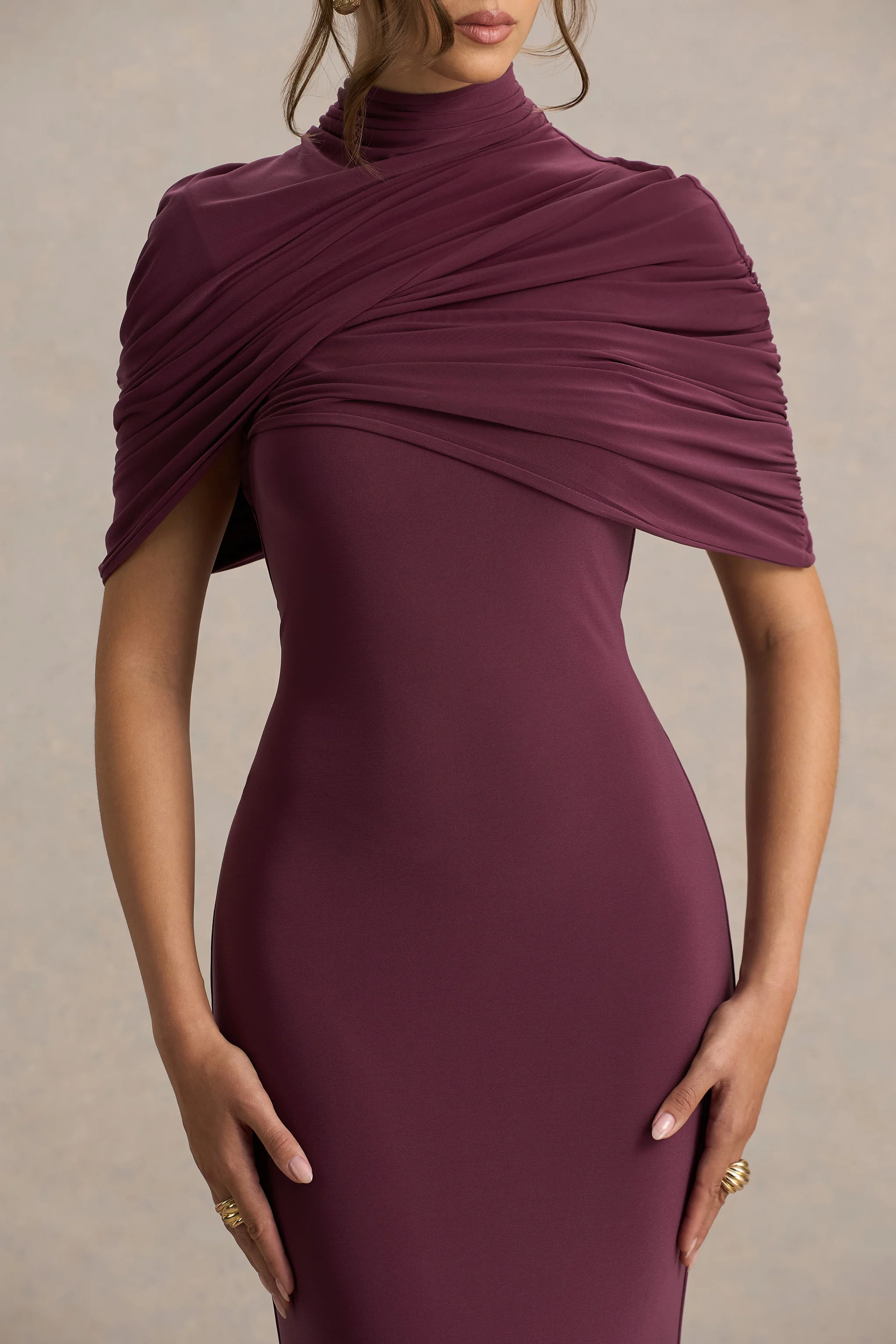 Cleora | Burgundy Twist Cape Maxi Dress - Image 4