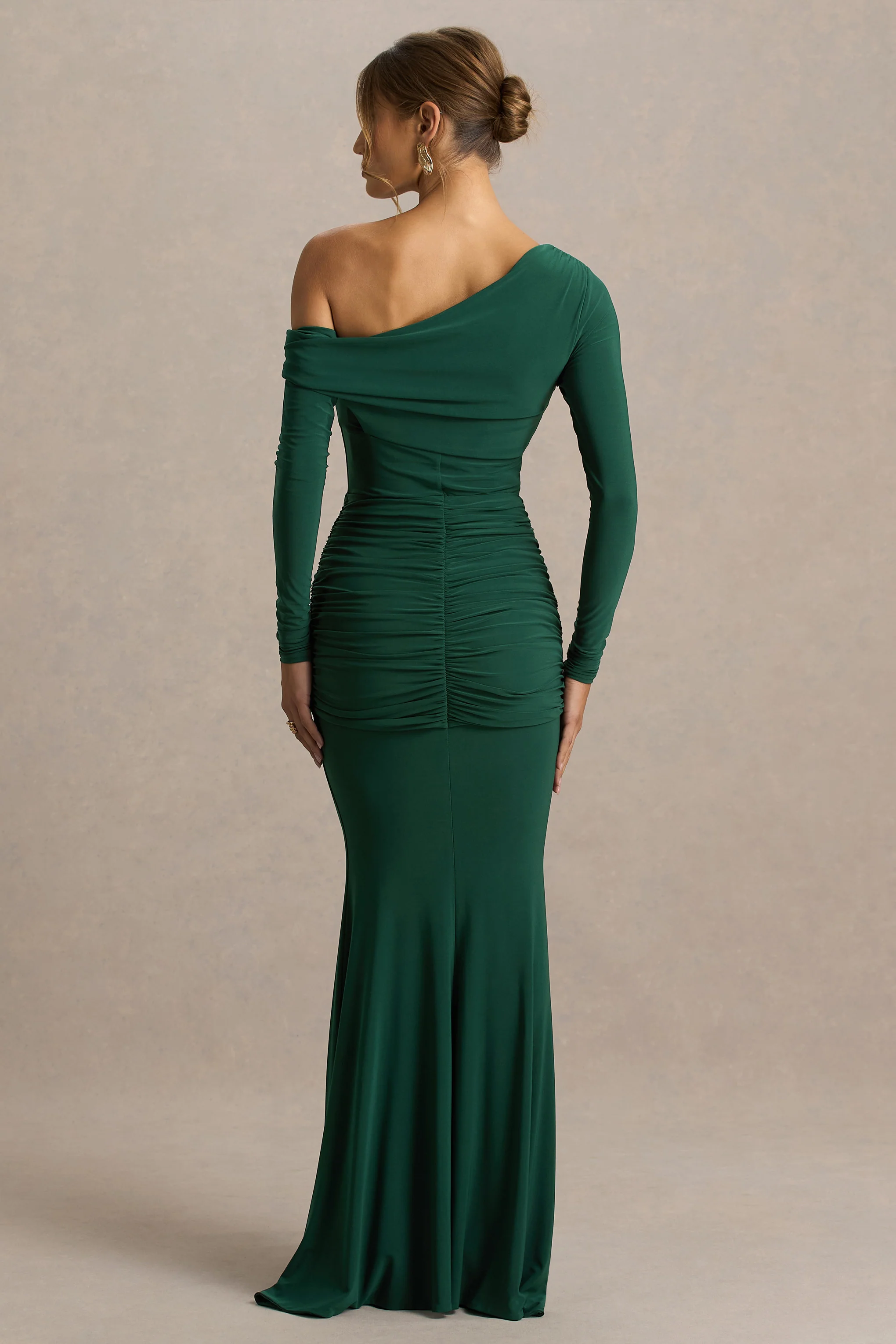 Clover | Dark Green Asymmetric-Neck Wrapped Maxi Dress With Sash - Image 2