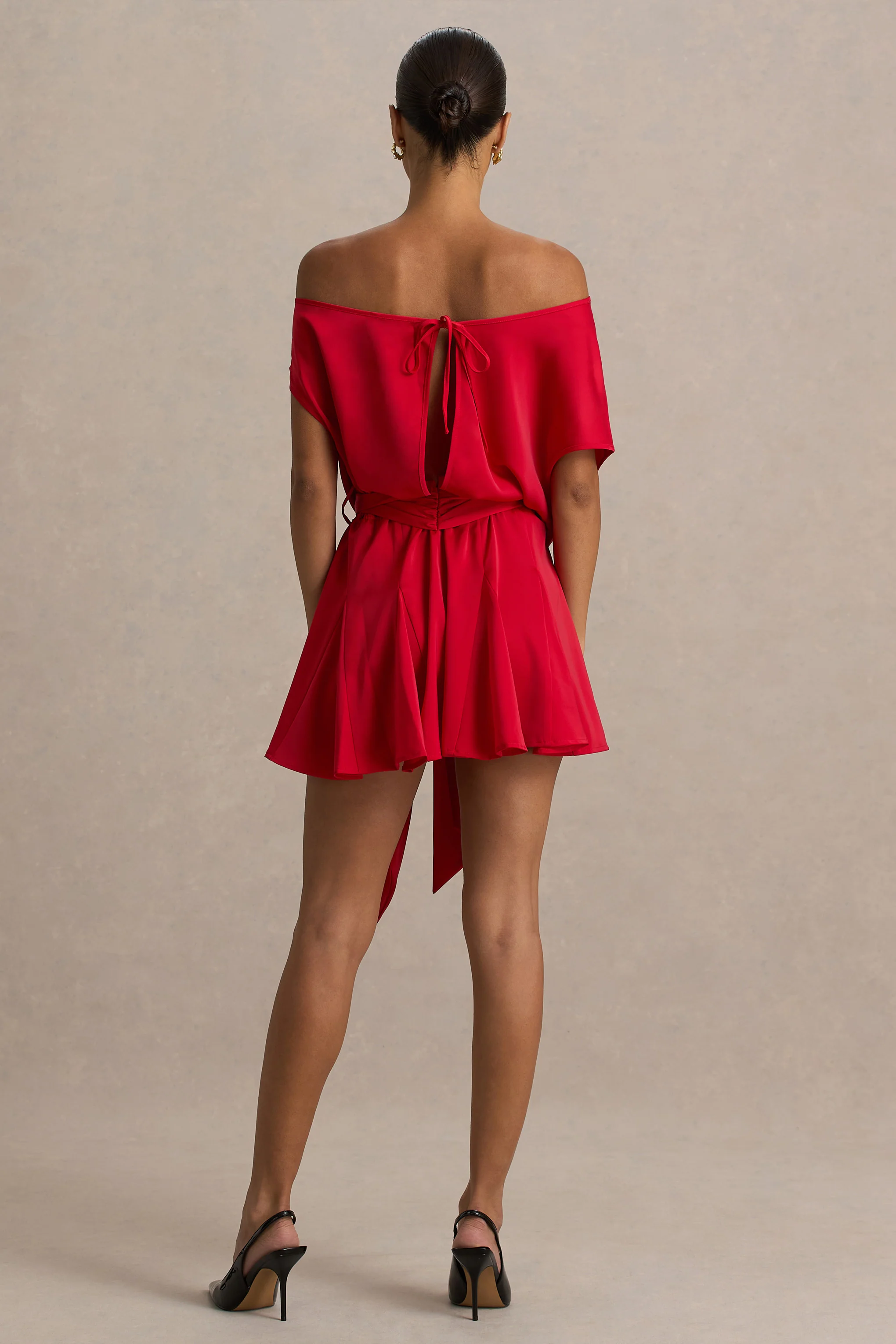 Clydie | Red Satin Asymmetric Playsuit With Tie-Waist - Image 2