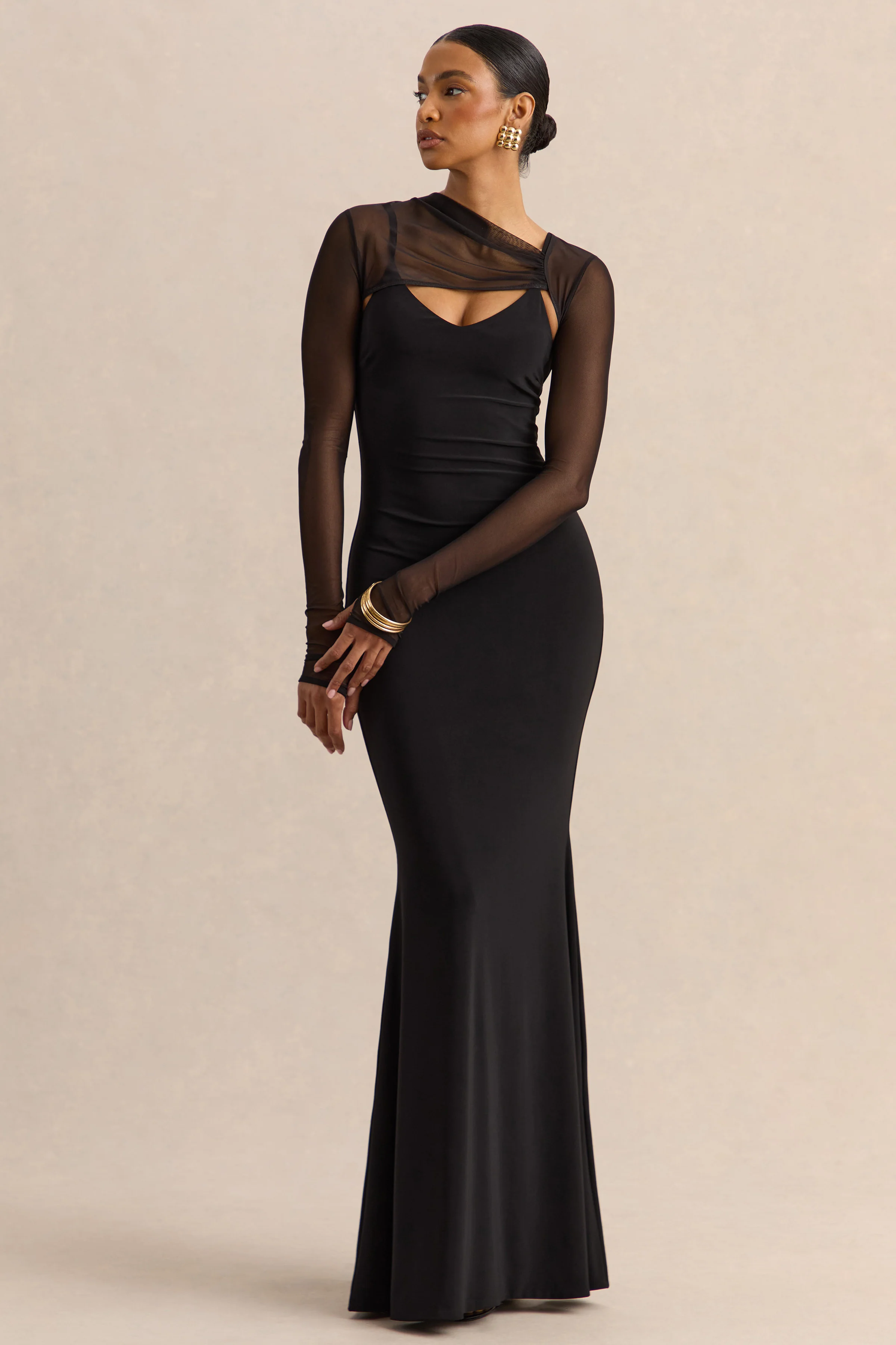 Coralia | Black Asymmetric-Neck Maxi Dress With Mesh Long-Sleeves - Image 5