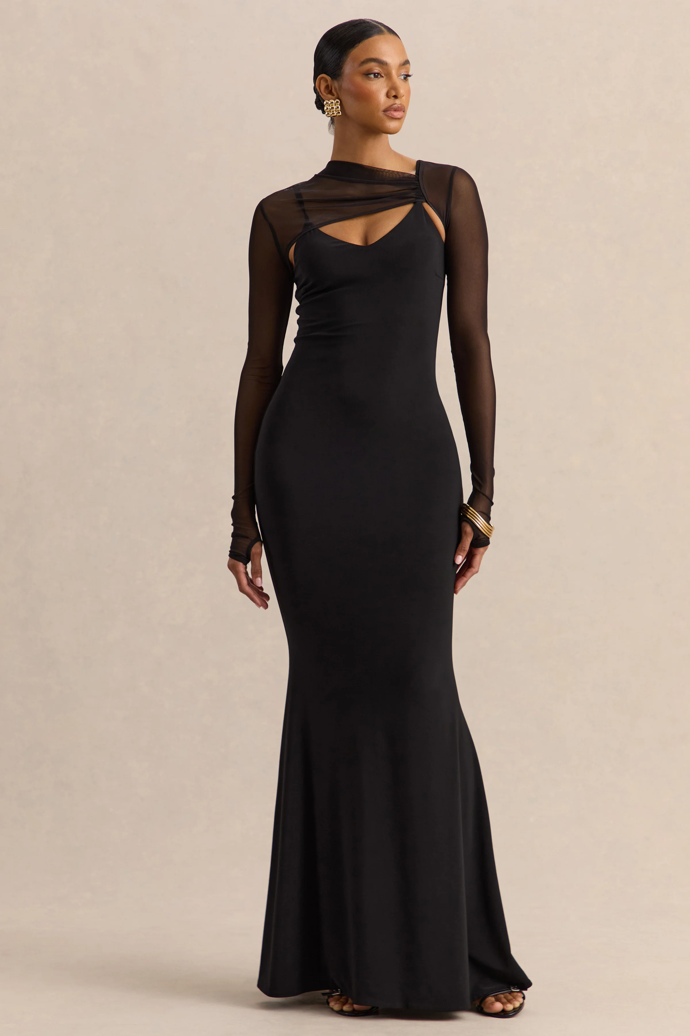 Coralia | Black Asymmetric-Neck Maxi Dress With Mesh Long-Sleeves - Image 6