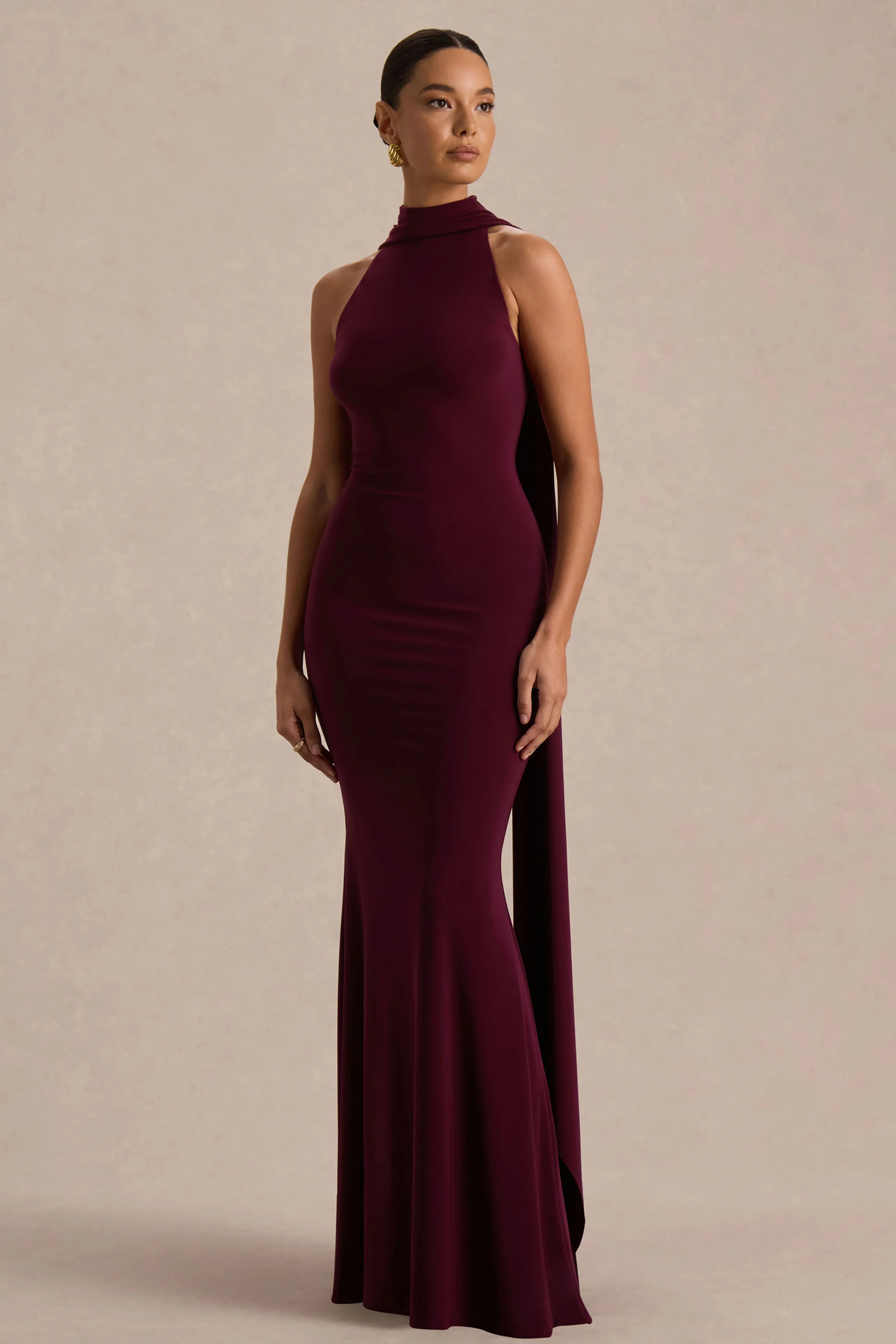 Cordy | Burgundy High-Neck Maxi Dress With Scarf-Detail - Image 4