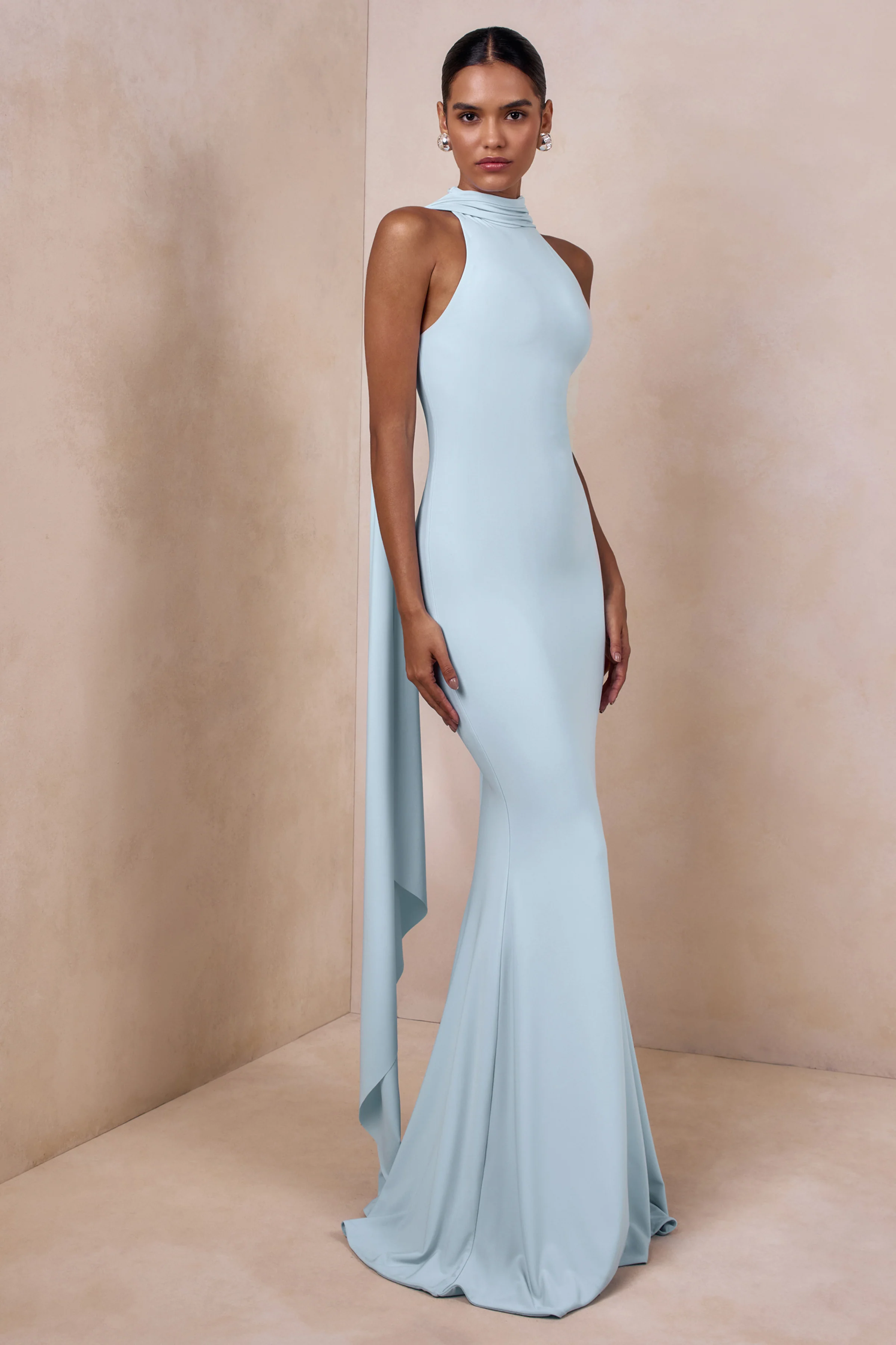 Cordy | Powder Blue High-Neck Maxi Dress With Cape