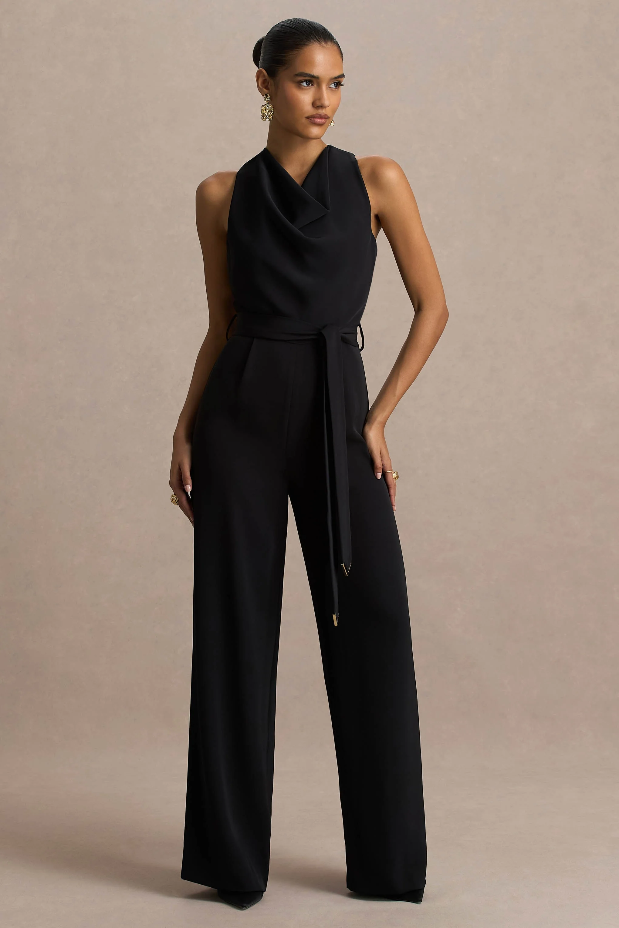 Corina | Black Cowl-Neck Jumpsuit With Tie-Detail - Image 4