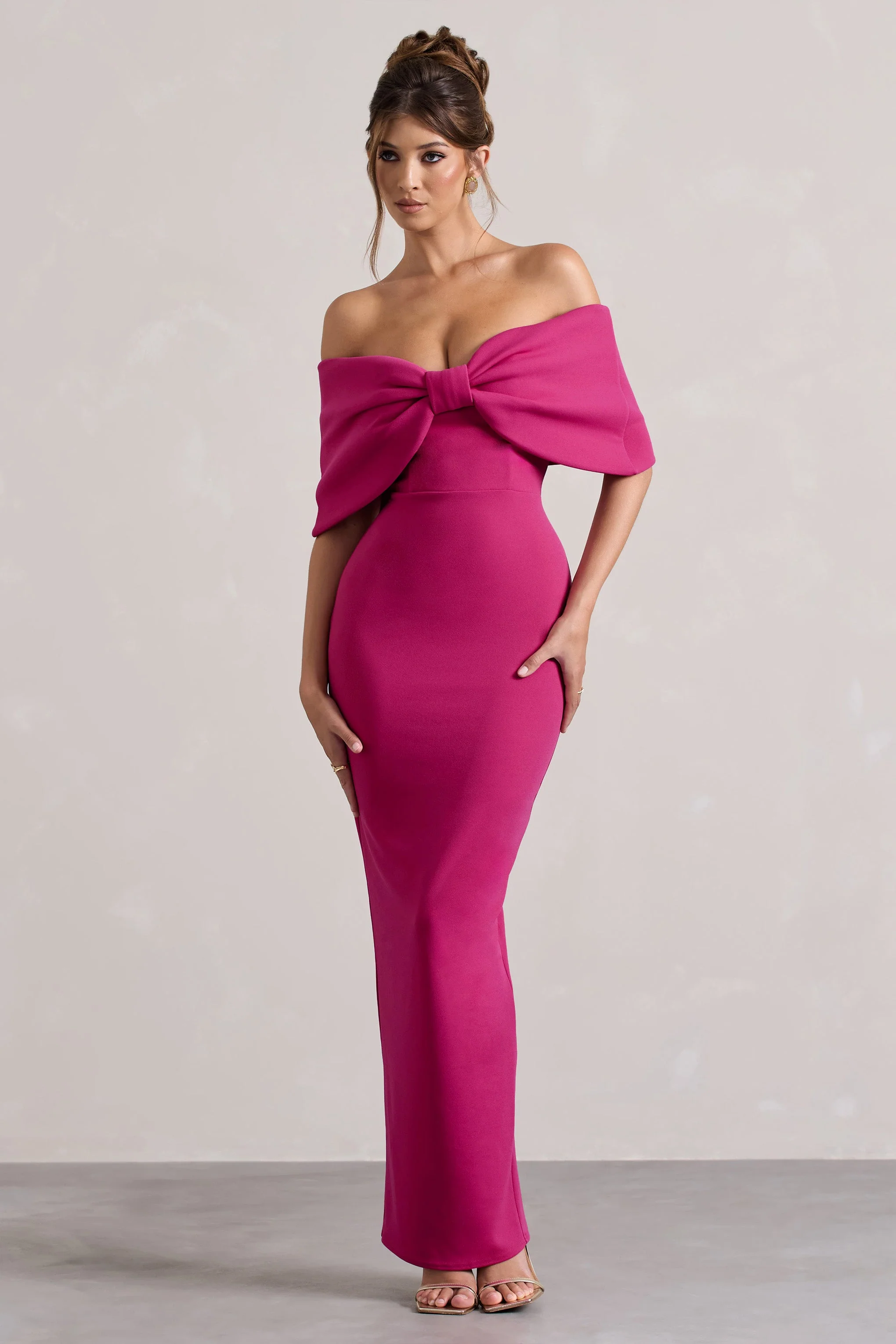 Cornelia | Hot Pink Strapless Maxi Dress With Oversized Bow - Image 5