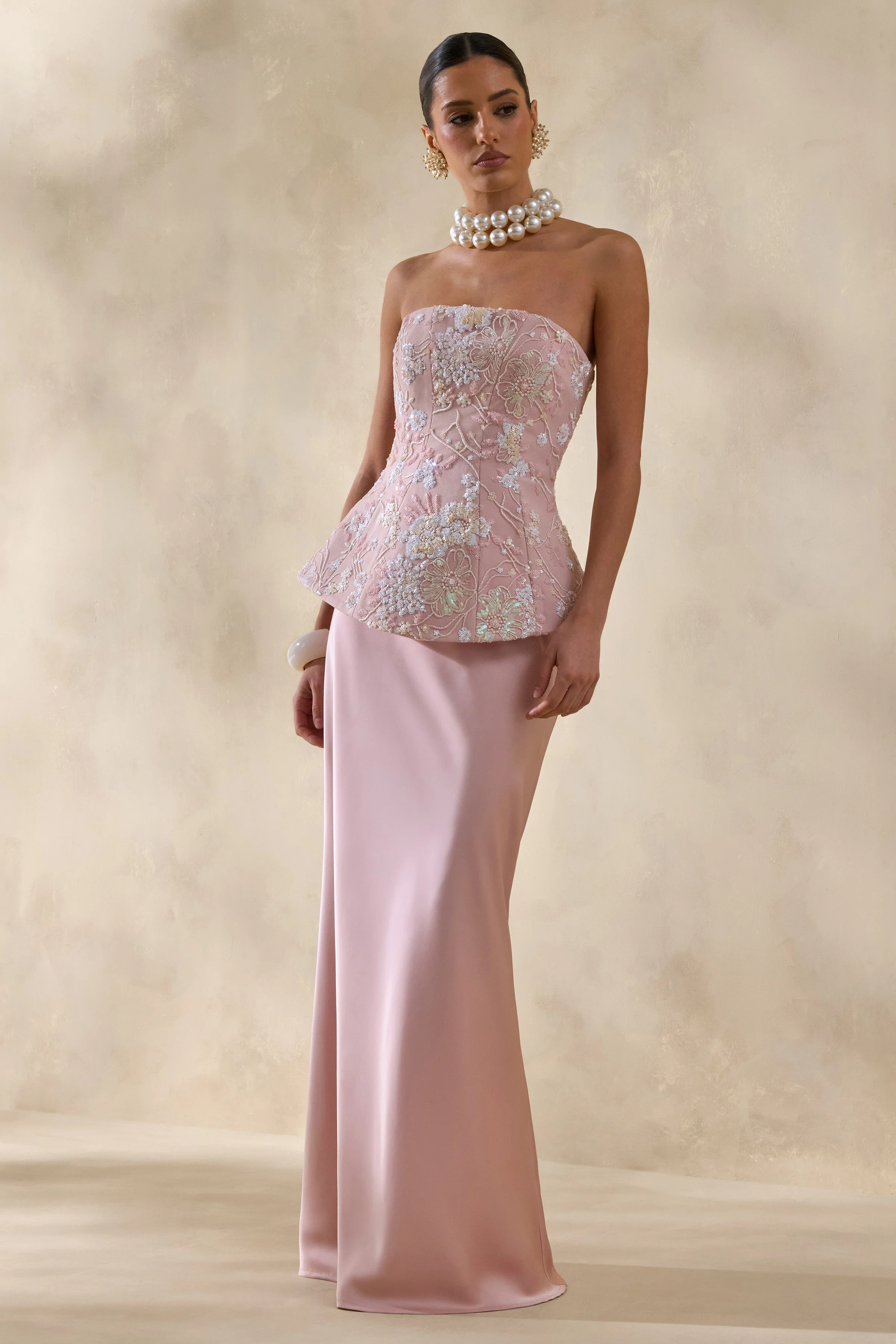 Corvina | Pink Embellished Floral Bandeau Corset Maxi Dress - Image 4