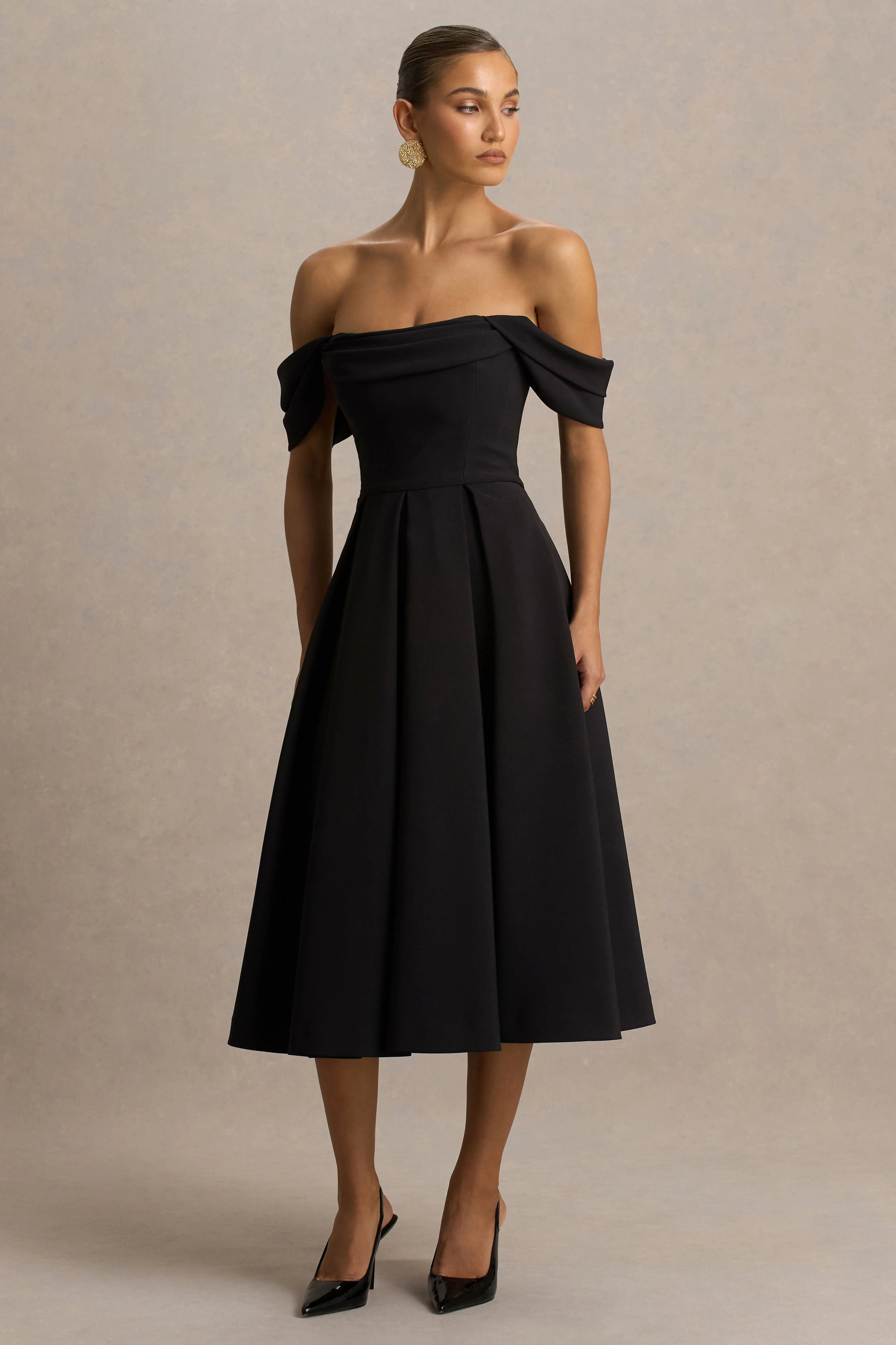 Cosima | Black Bardot-Neck Midi Dress - Image 4