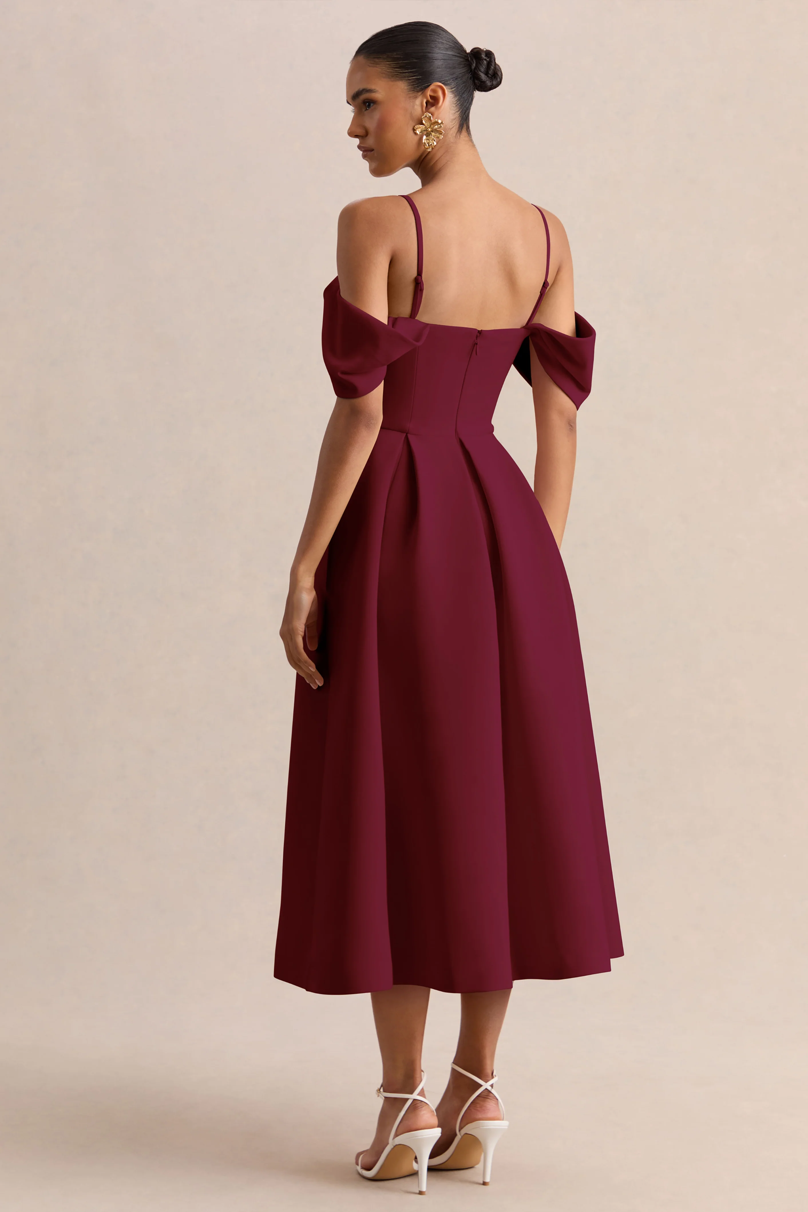 Cosima | Burgundy Bardot-Neck Midi Dress - Image 2