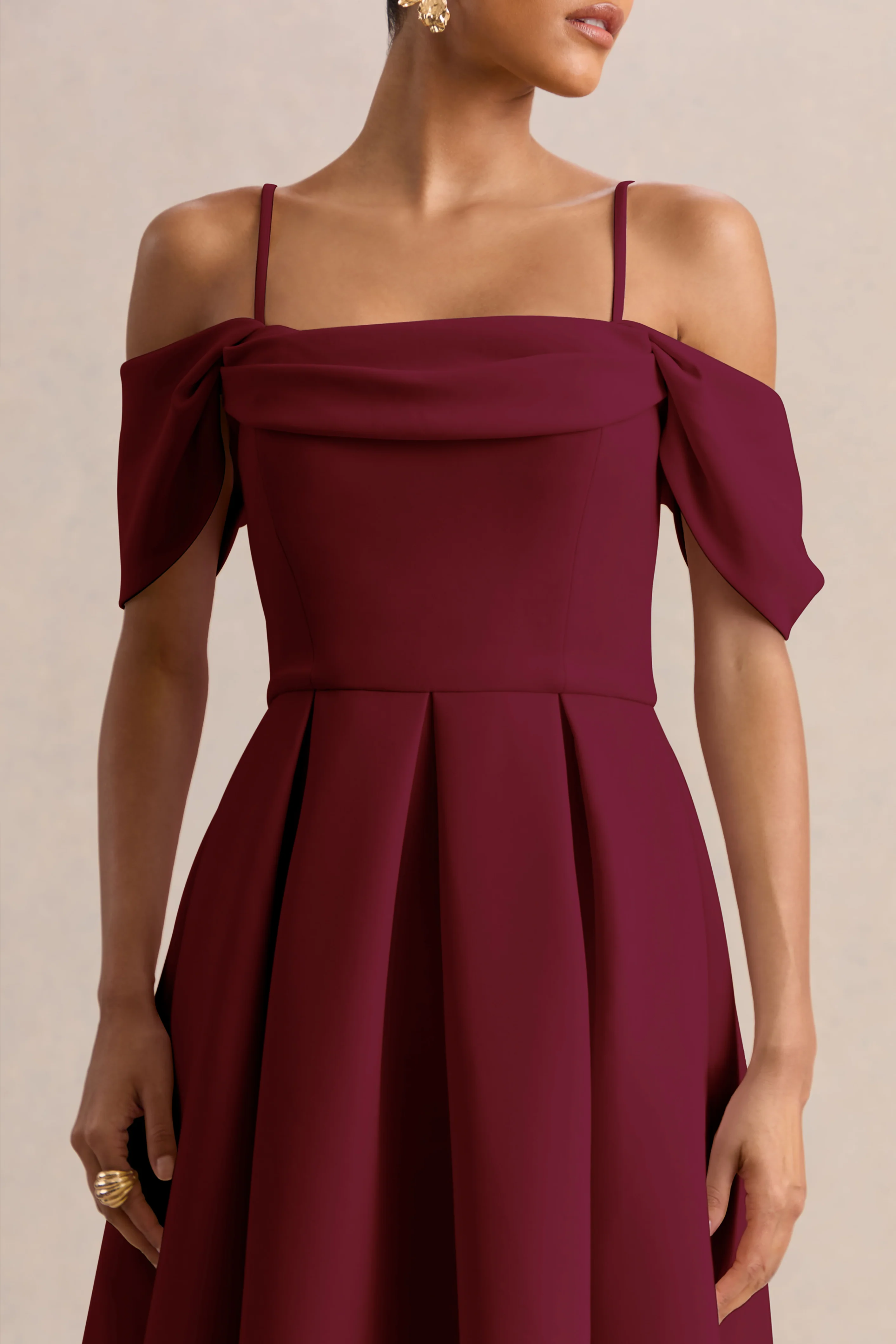Cosima | Burgundy Bardot-Neck Midi Dress - Image 3