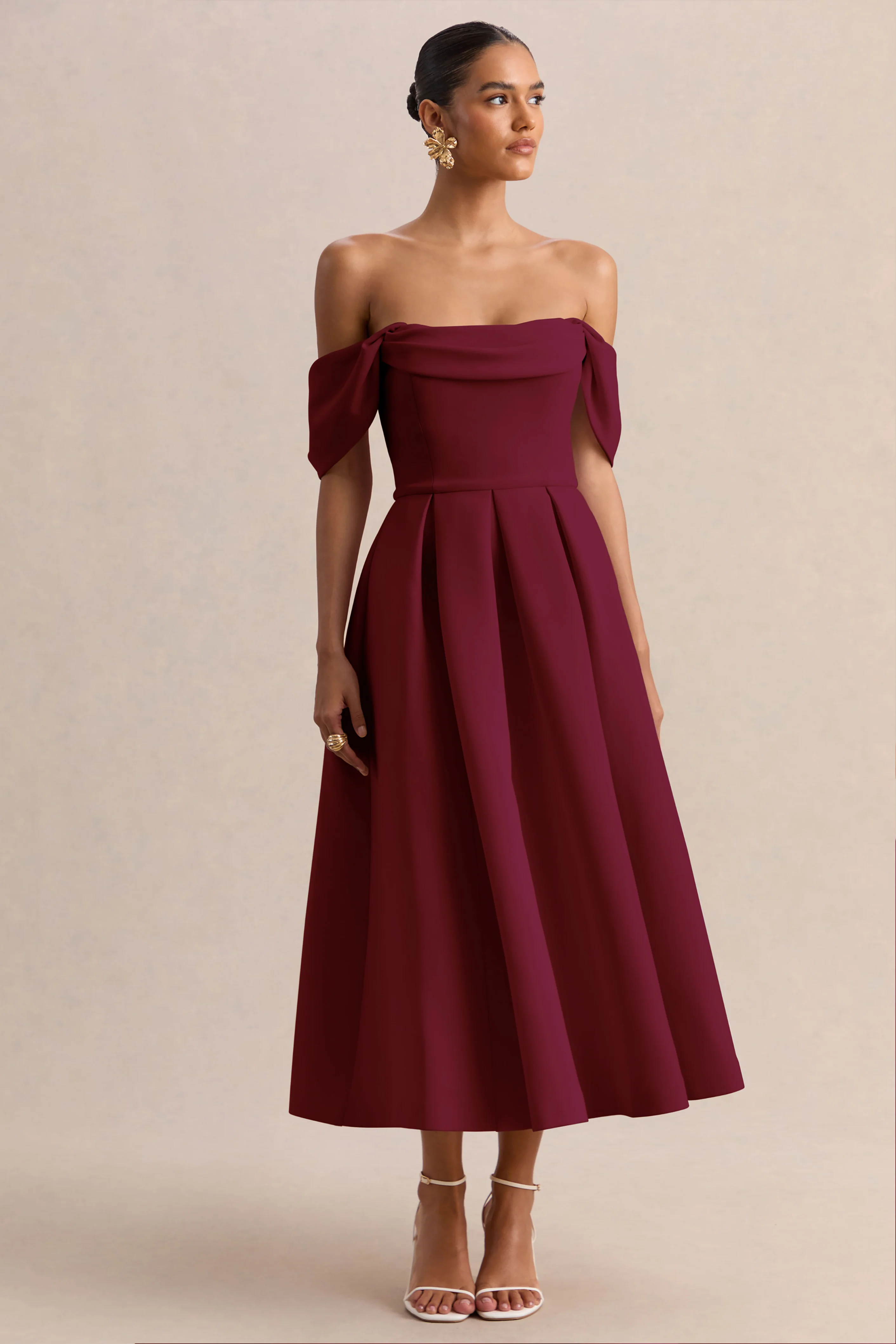 Cosima | Burgundy Bardot-Neck Midi Dress - Image 4