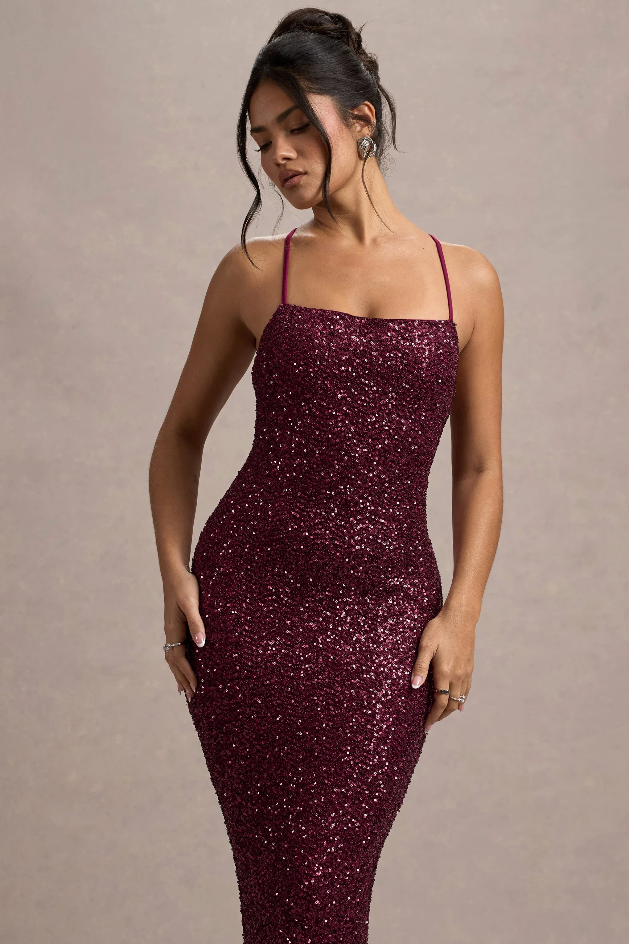 Cosmic | Berry Sequin Square-Neck Strappy Maxi Dress - Image 3
